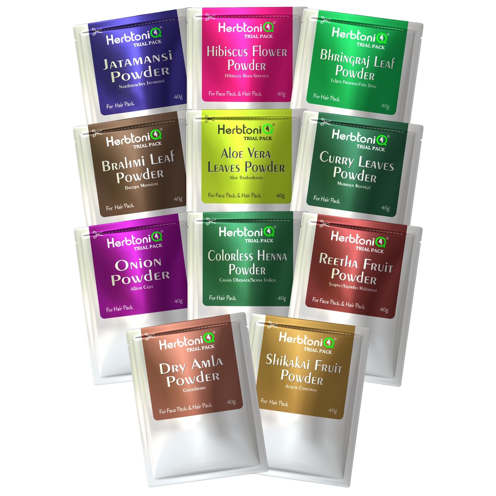 HerbtoniQ Hair Growth Mask Powders | Jatamansi Hibiscus Bhringraj Brahmi Aloe Vera Curry Neutral Henna Amla Reetha Shikakai Powder | Combat Dandruff, Hair Loss Regimen | Unisex | Hair Care Combo Trial Pack of 11 (Total 440 Grams)-image-20