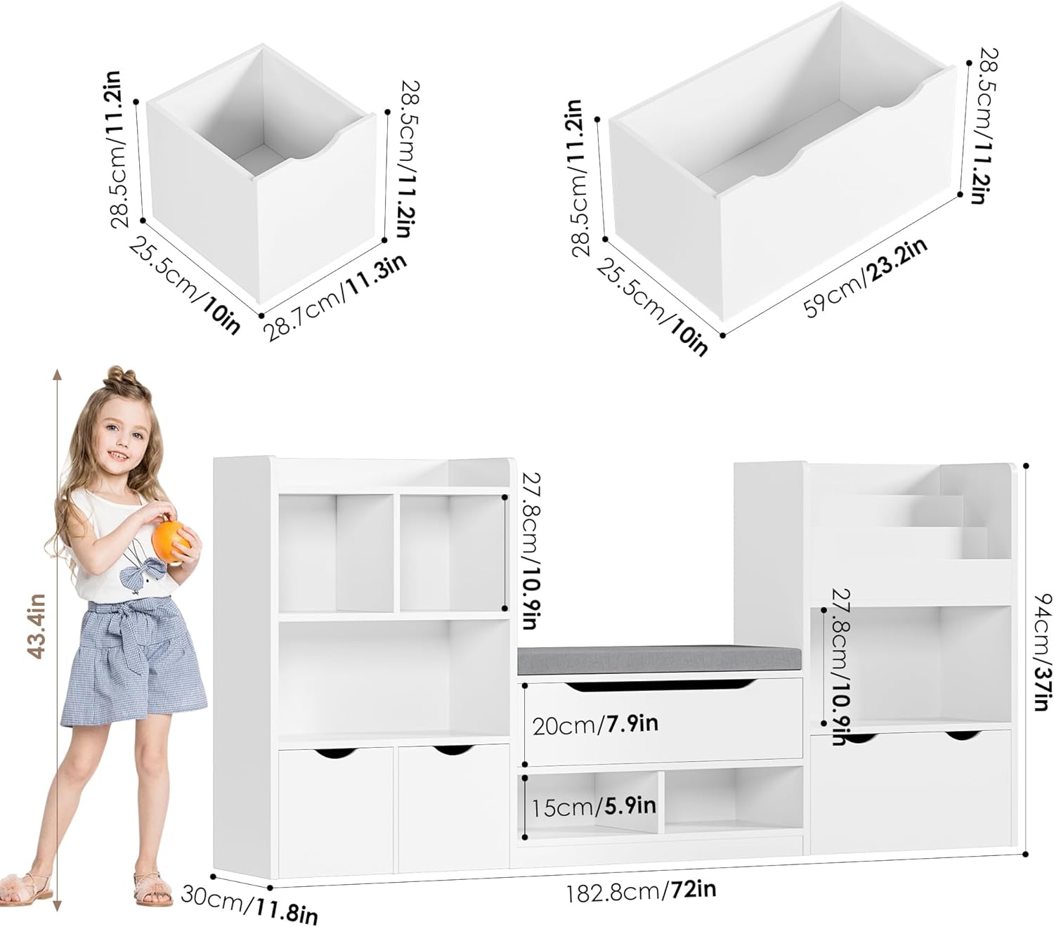 FOTOSOK 72” Kids Bookshelf with Reading Nook, Large Toy Storage Organizer with Seat Cushion and 3 Movable Drawers, Kids Reading Nook Toy Organizers and Storage with Bench for Living Room, White