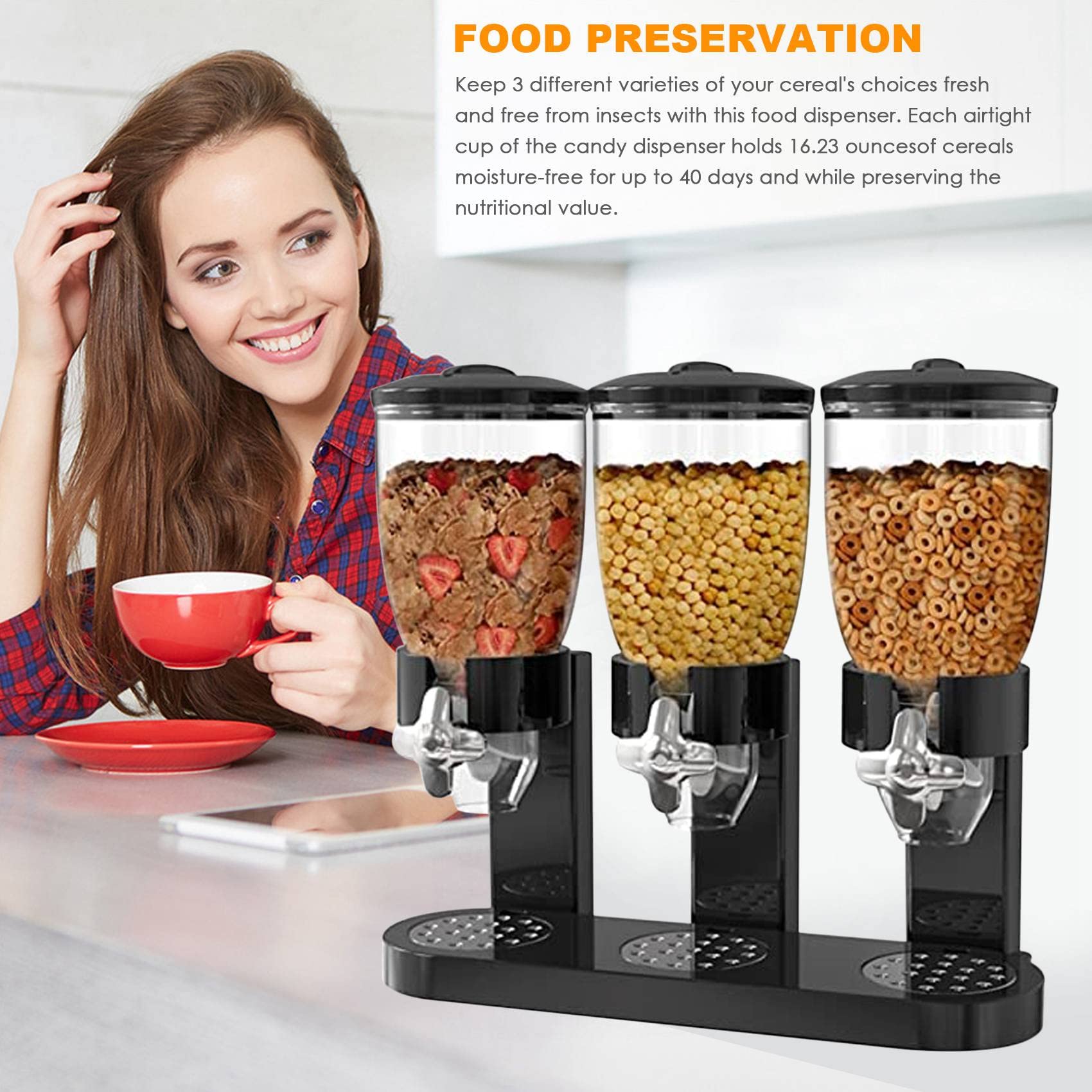 Distributori per Cereali Dispenser Cibo Secco per Alimenti Secchi Triplo Contenitore per Contenitori Contenitore per Farina D'Avena nel Plastica Contenitore per Alimenti Nero