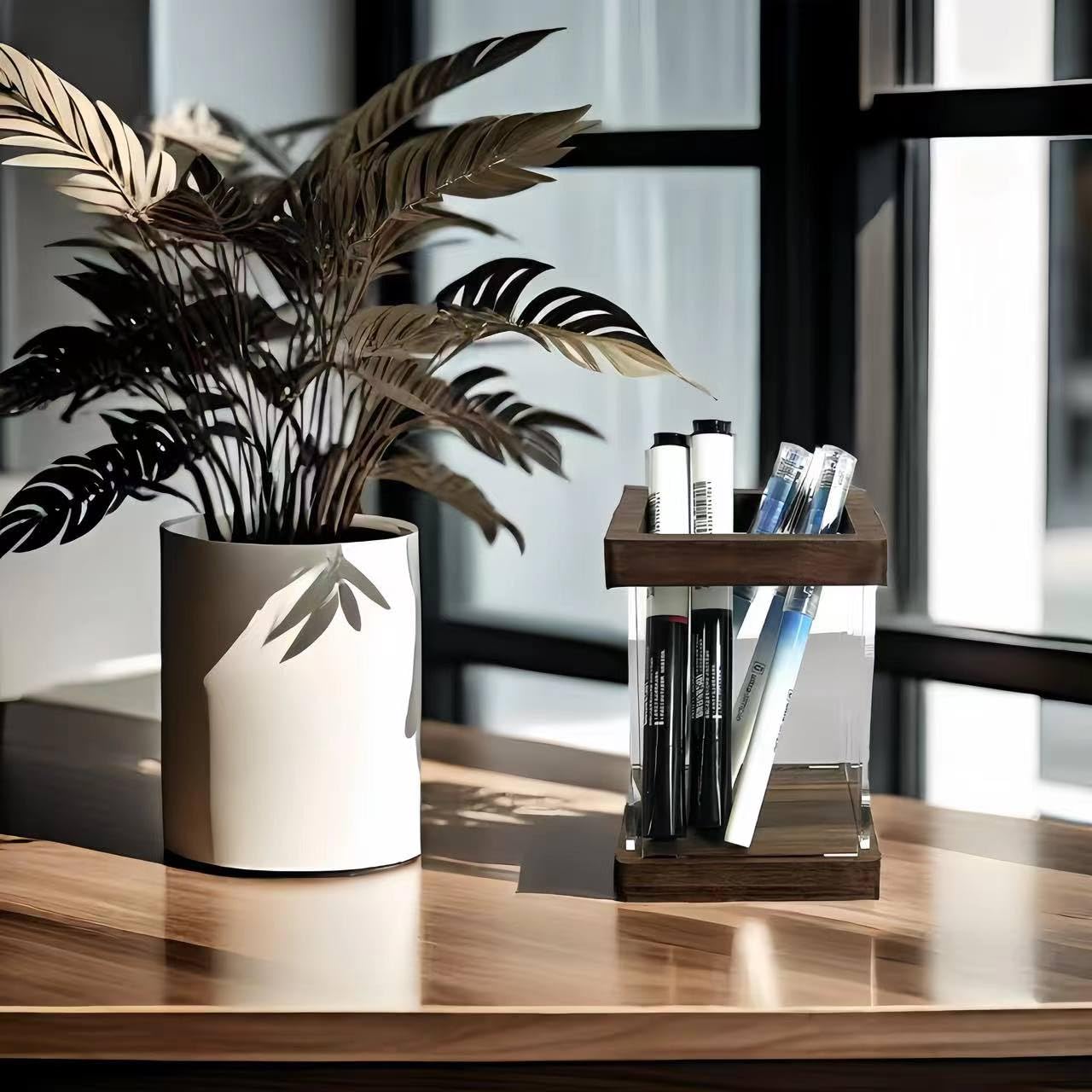 Portalápices estético Transparente para Escritorio, Organizador de Pinceles de Maquillaje de Madera acrílica, Suministros de Oficina, decoración de cubículos