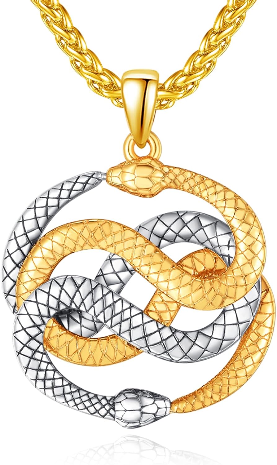 Norse Viking Rune Necklace with Adjustable Chains for Men Women Vintage Amulet Jewelry Gift with Box (Snake gold)