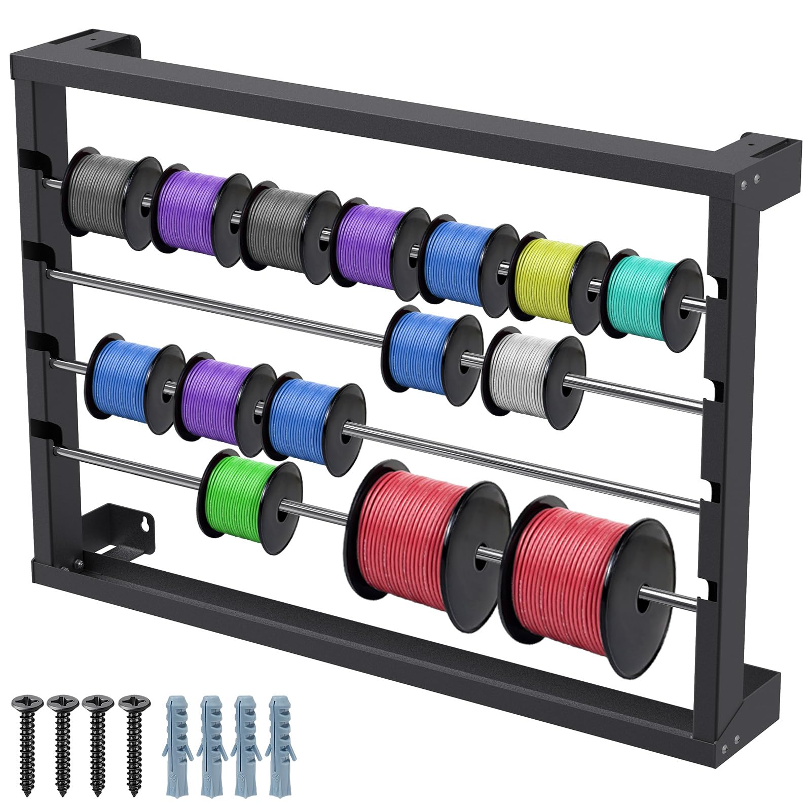 Kipika Wall-Mounted Wire Spool Rack - Adjustable Cable Reel Holder with 4 Stainless Steel Rods, Heavy-Duty Dispenser for Industrial, Electrical, and Workshop Storage