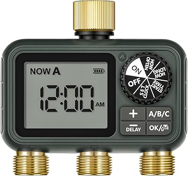 Brass Sprinkler Timer with Swivel, Programmable Water Timer for Garden Hose with Auto/Manual/Rain Delay Watering, Digital Irrigation System Kit,for Garden, Yard, Lawn 3 Outlet F13WT06