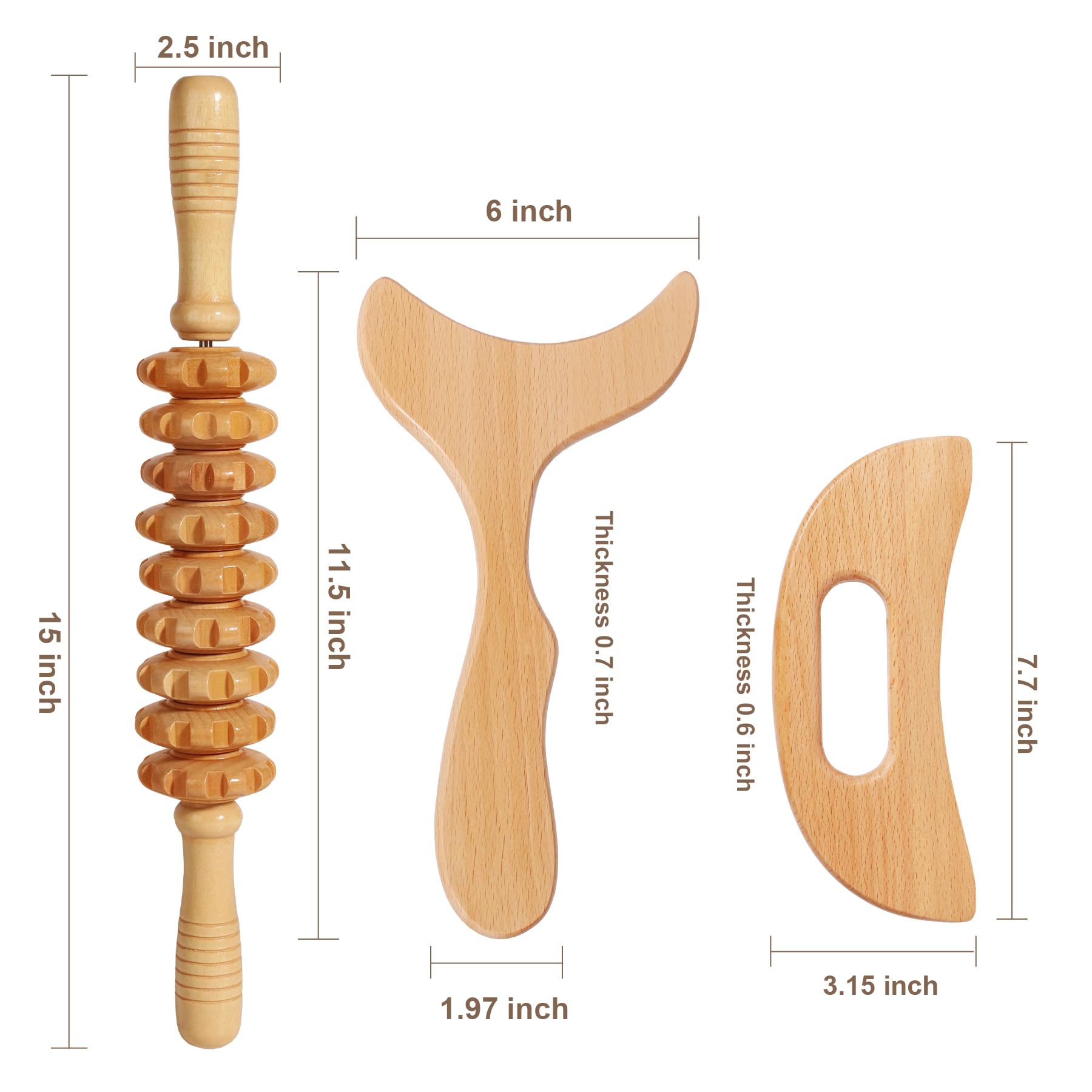 SAMEBUTECO Manuelle Faszien-Massagerolle aus Holz, Lymphdrainage-Massagegerät und Gua-Sha-Werkzeug-Set für Körperentlastung, Cellulite, Anti-Cellulite und Linderung von Muskelermüdung, 3 Packungen