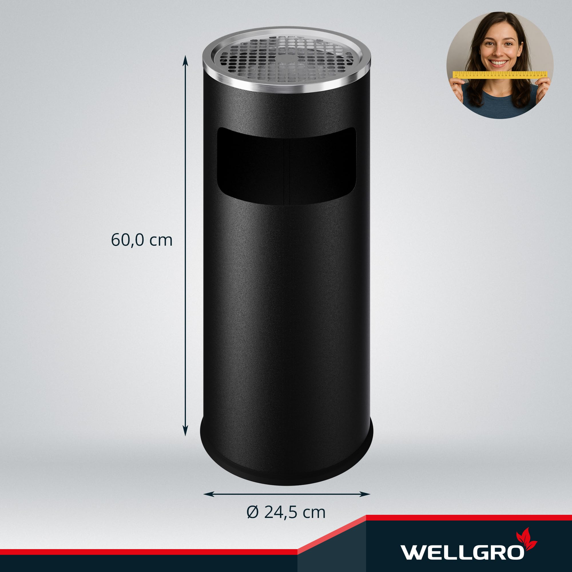 WELLGRO 2 in 1 Standaschenbecher Edelstahl für draußen – Wetterfester Standascher schwarz mit Mülleimer & Abfalleimer, großer Aschenbecher für Außenbereich, Terrasse, Eingang & Gewerbe