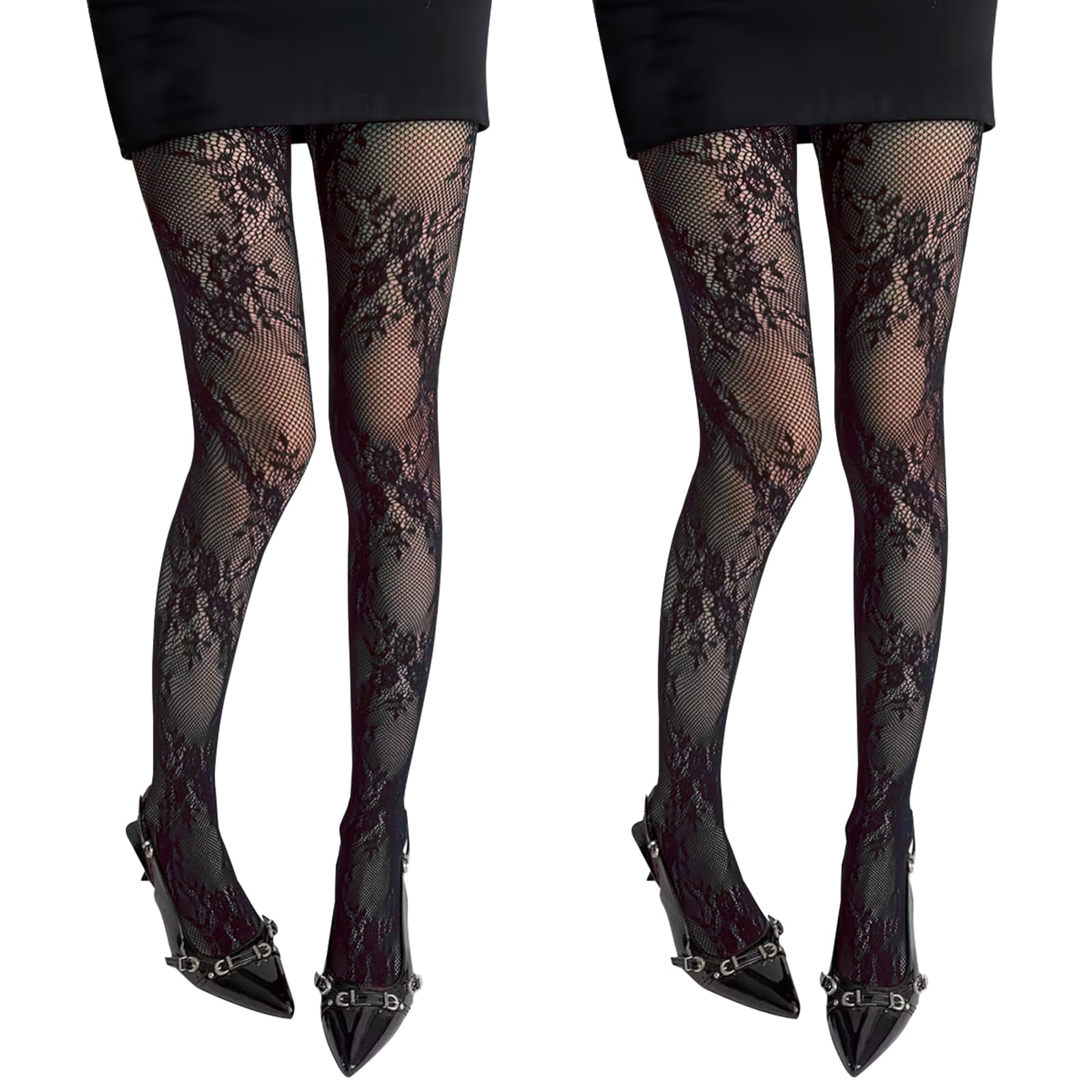 SIMYJOY Strumpfhosen Damen Muster 2 Paar Mode Netzstrumpfhose Schwarz mit Spitzen Gemusterte Strumpfhose Damen Spitzenstrumpfhose Muster (Netz & Spitze Design)