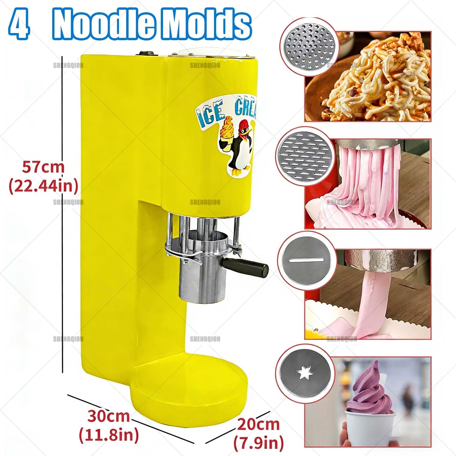 Extrusora Profesional De Fideos De Helado De 80 W, Máquina Para Gelato Tipo Espagueti Con 4 Moldes, Rendimiento De 28-30 L/H, Arranque Con Un Solo Toque, Ideal Para Heladerías(Yellow)