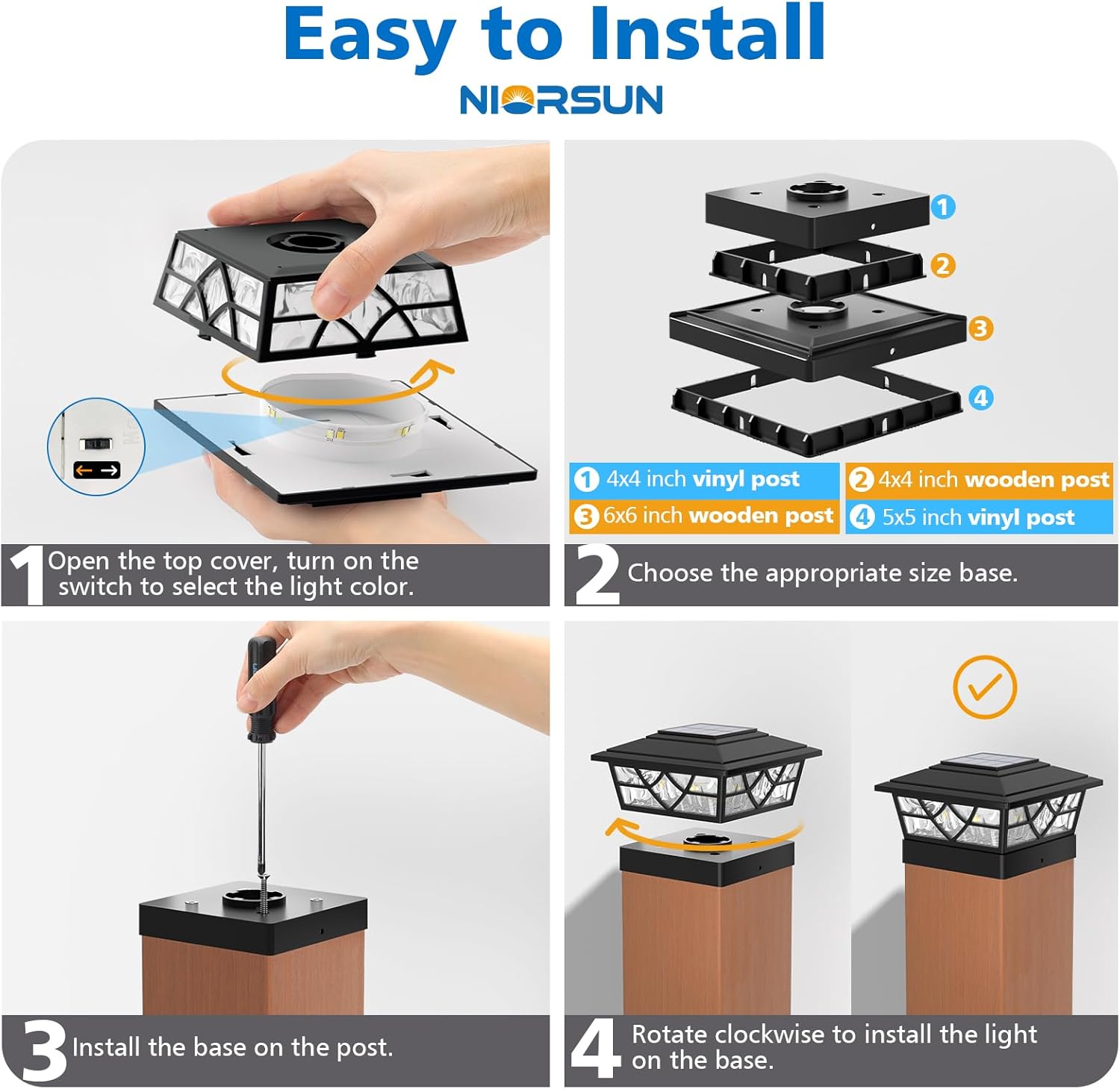 NIORSUN Solar Post Lights Outdoor 6 Pack, 2 Modes LED, Deck Fence Post Solar Lights for 3.5x3.5 4x4 5x5 5.5x5.5 Caps Patio Garden Decoration, Black