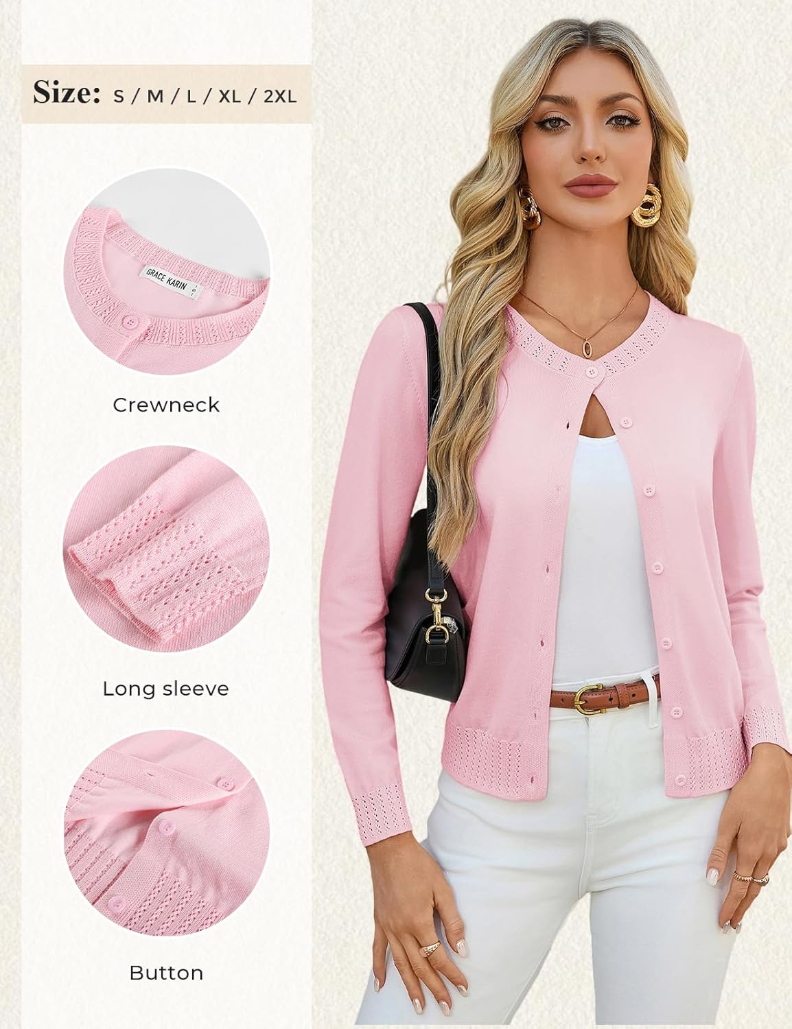 GRACE KARIN Womens Cropped Cardigan Sweaters Trendy Lightweight Shrugs Button Up Long Sleeve Knit Tops - Image 5