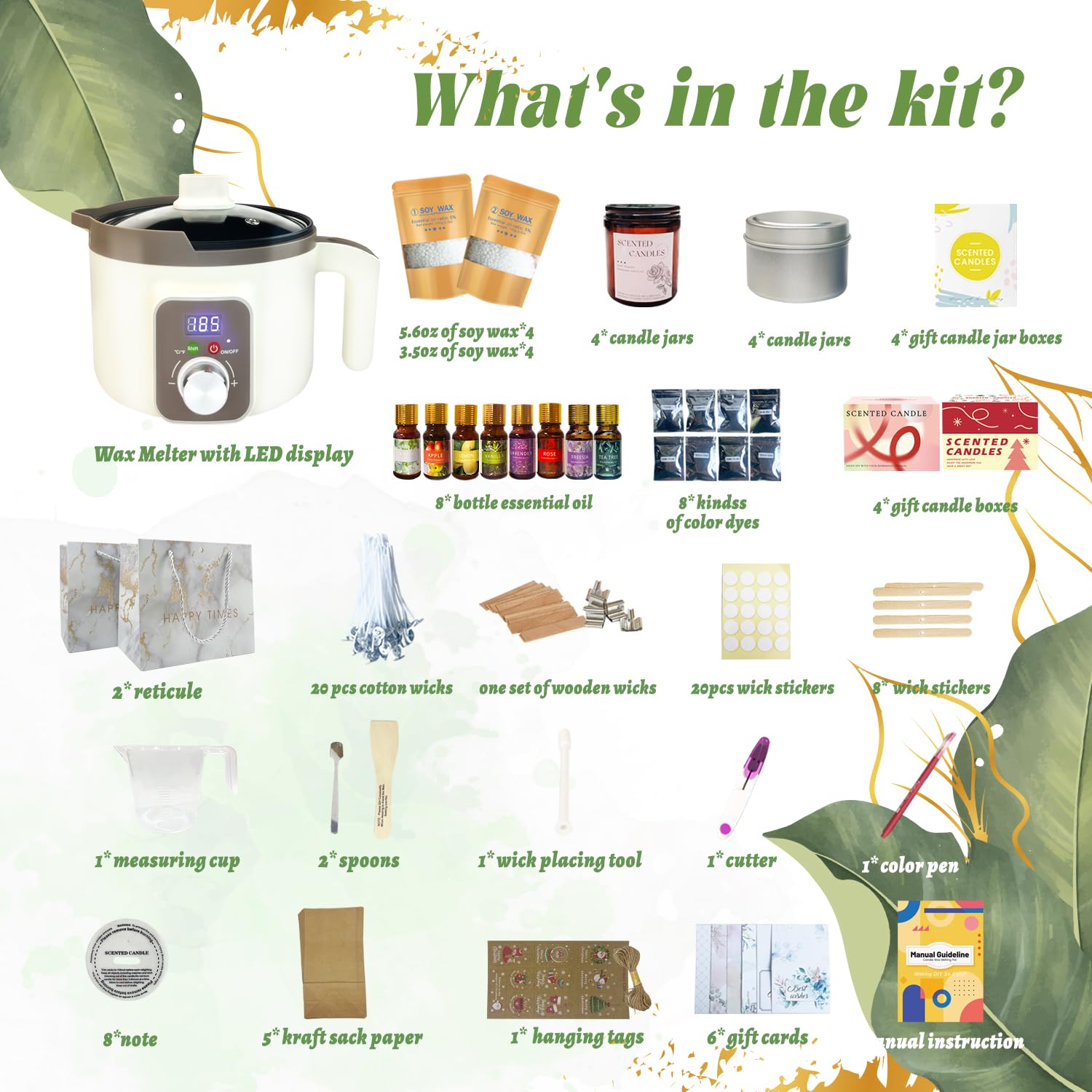 Kit de Fabrication de Bougies DIY, Kit Bougies a Faire Soi meme Adulte, Pot de Fusion de Cire électrique avec Bec Verseur, 8 Boîtes à Bougies, 8 Huiles Parfumées