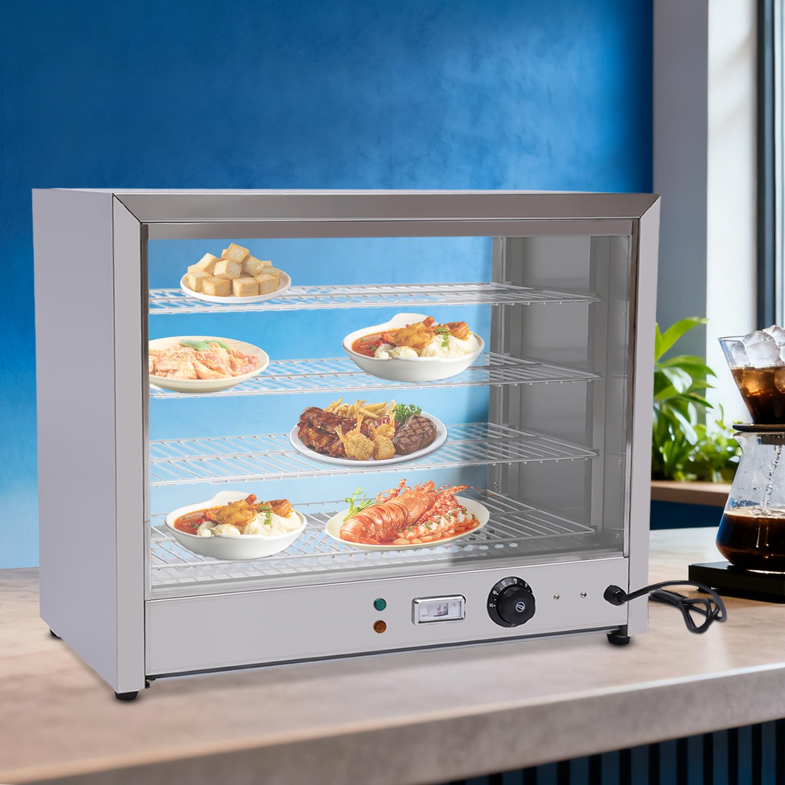 220 V, 30 – 85 °C, 4 pisos, vitrina para mantener el calor, calentador de alimentos, vitrina para mantener caliente, vitrina de encimera, vitrina eléctrica, ideal para comida, gasolinera, tienda de