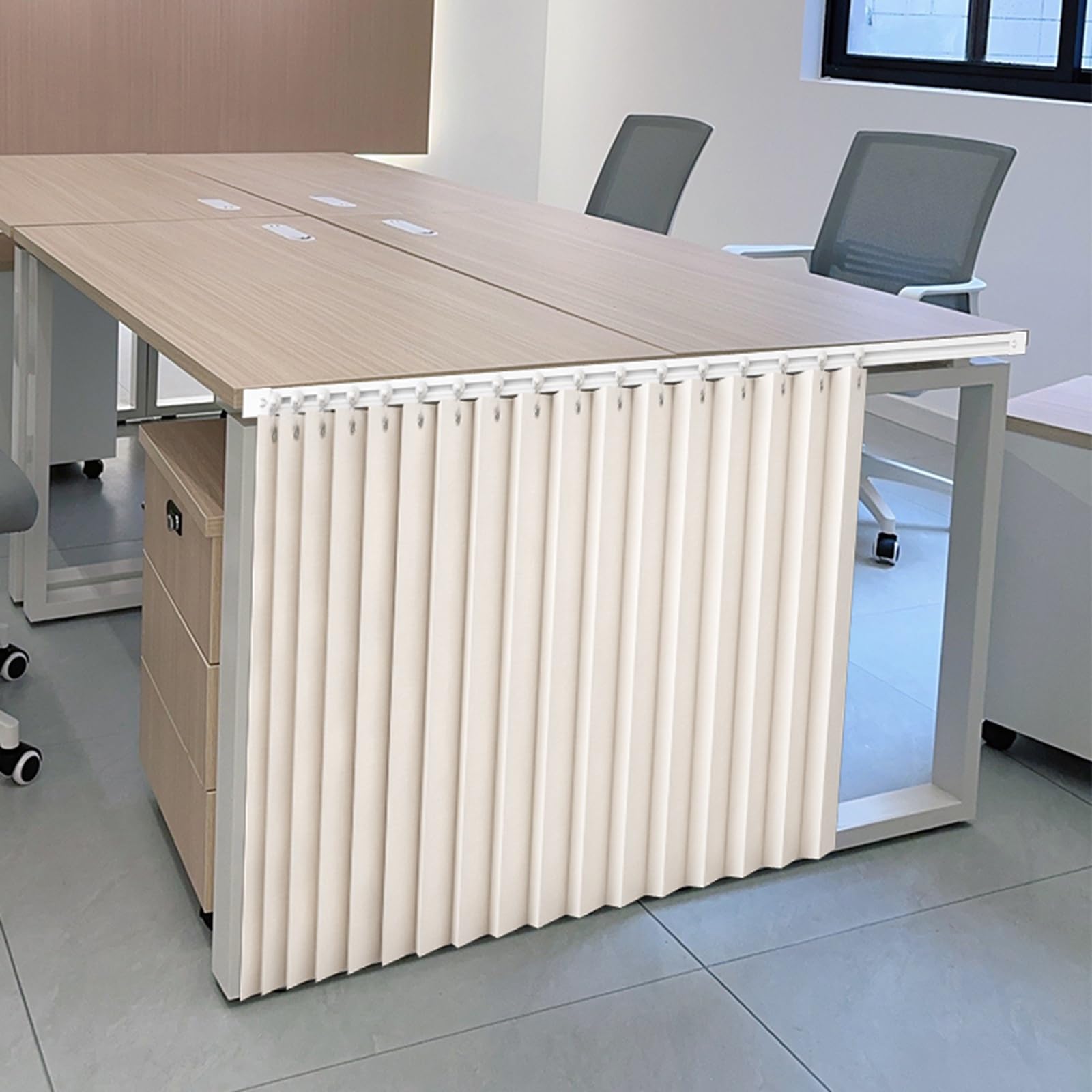 Vorhang Sichtschutz Schreibtisch mit Gleitschiene, Unter Schreibtisch Vorhang für Privatsphäre, Schrankvorhang für Studententisch oder Bürokabinen-Arbeitsplätze(Weiß,W 100 x H 70 cm)