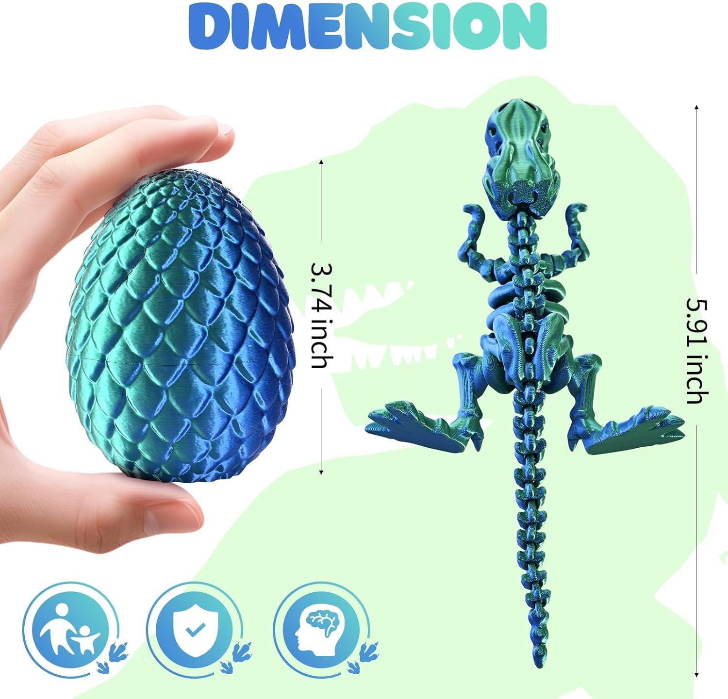 GemmiCho 3D Printed Dinosaur Toy, 3D Printed T-Rex with Egg, Articulated T-Rex Skeletons, 3D Printed Toys, 3D Printed Skeleton Dinosaur Egg, Home Office Decor Executive Desk Toy (Dark Green) - Image 3