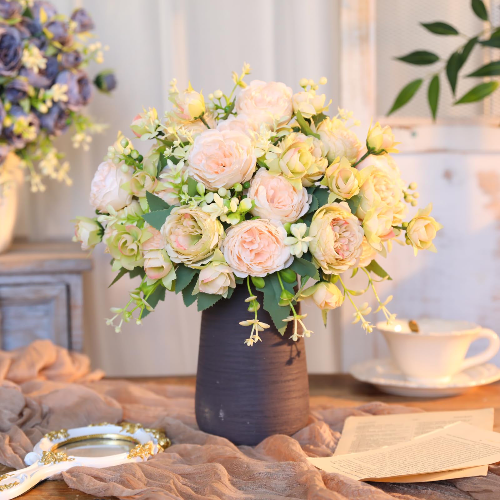 Floweroyal 4 Bunches Peony Artificial Flowers White Green Flowers Silk Peonies Bouquets for Wedding Party Table Centerpieces Floral Arrangement Home Kitchen Decor - Image 4