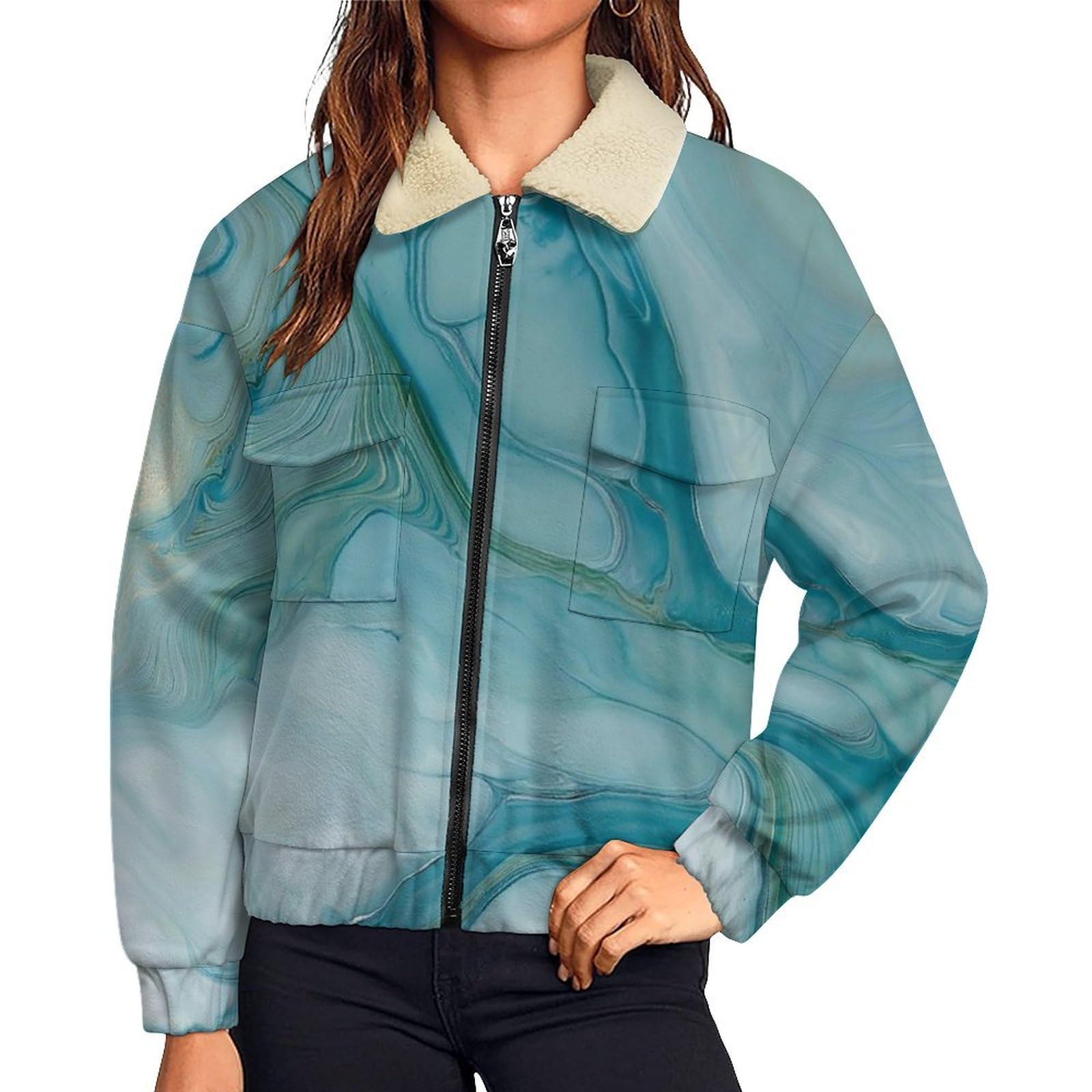 Chaqueta de invierno forro polar mujer abrigo de cálida felpa mullida con bolsillos 8