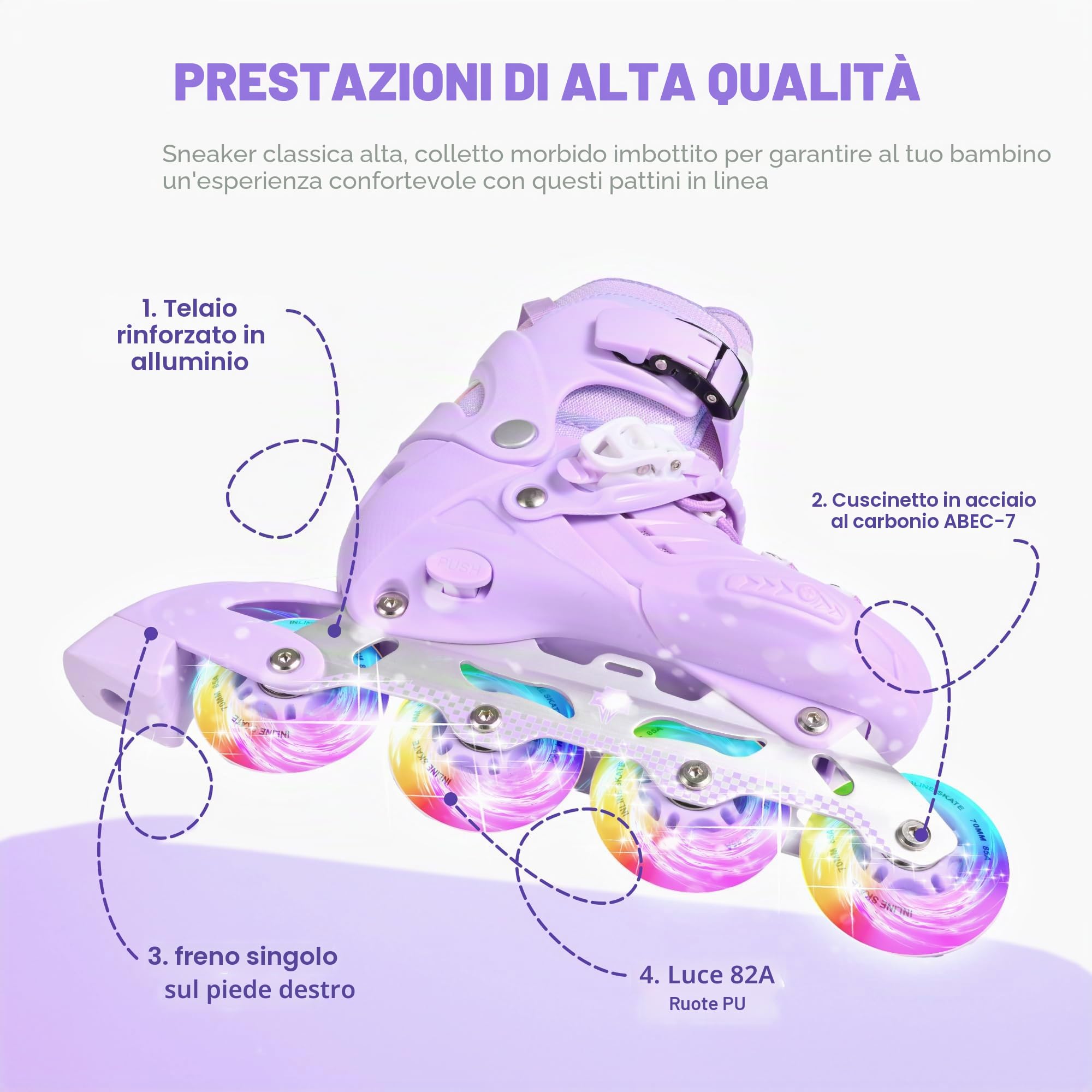 Pattini in Linea per Bambini, Telaio in Alluminio, Misura Regolabile, Viola