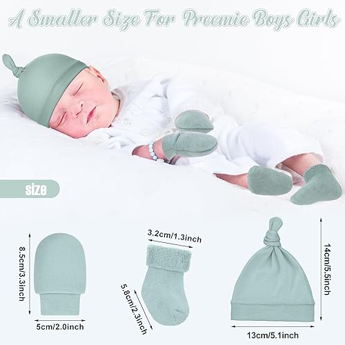 Miniatura 3 de Ramede Paquete de 4 gorros prematuros, guantes y calcetines de algodón para prematuros, sin arañazos, calcetines de rizo cálidos para niñas y niños