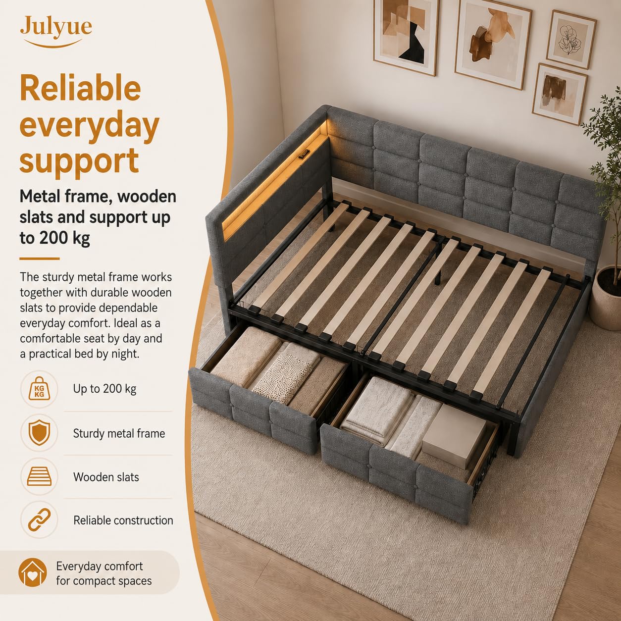 Divano Letto Singolo 90x200 a L Salvaspazio, Letto Singolo Angolare Imbottito in Tessuto Effetto Lino Grigio con 2 Cassetti, LED RGB 16 Colori, 2 Prese EU, USB-A/USB-C, Rete a Doghe, Senza Materasso