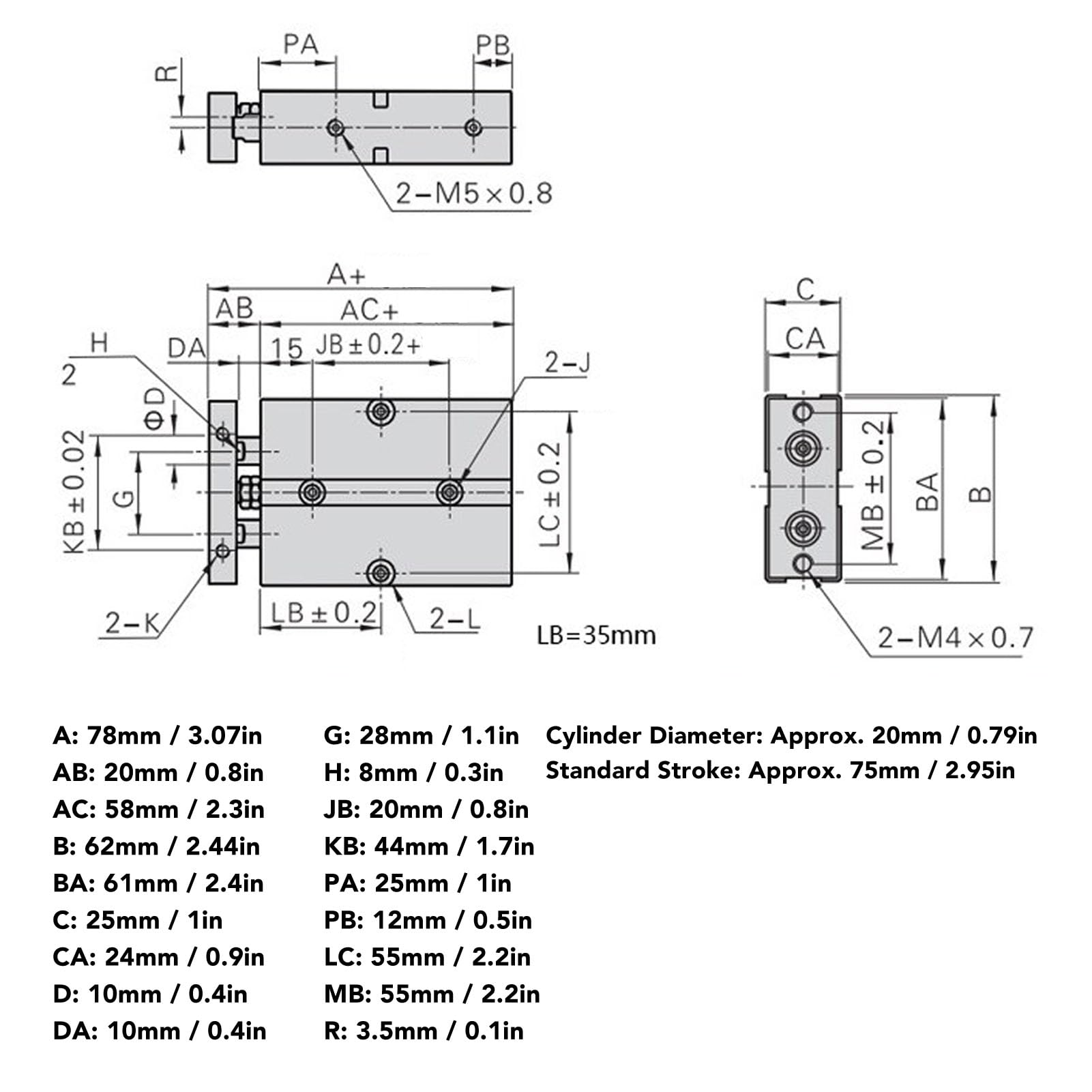 Luftzylinder, Doppelwellenstange Pneumatik Luftzylinder, 2 Kolben Doppelwirkender Zylinder, Magnet Doppelwellenzylinder Dichtungsluftzylinder (70mm Hub)