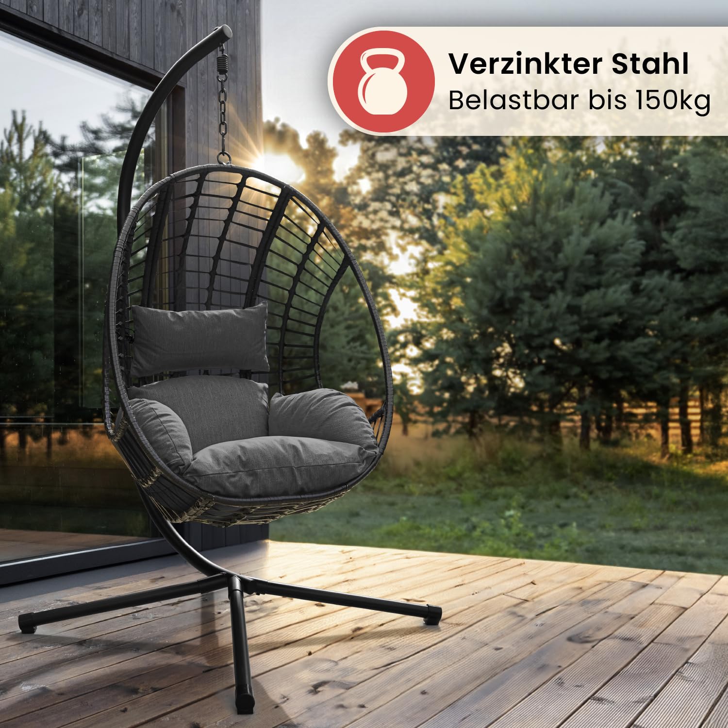 Swoods XXL Hängesessel mit Gestell - Hängesessel Für Indoor und Outdoor - Inkl. Kissen - Egg Chair - bis 150kg (Dunkelgrau)