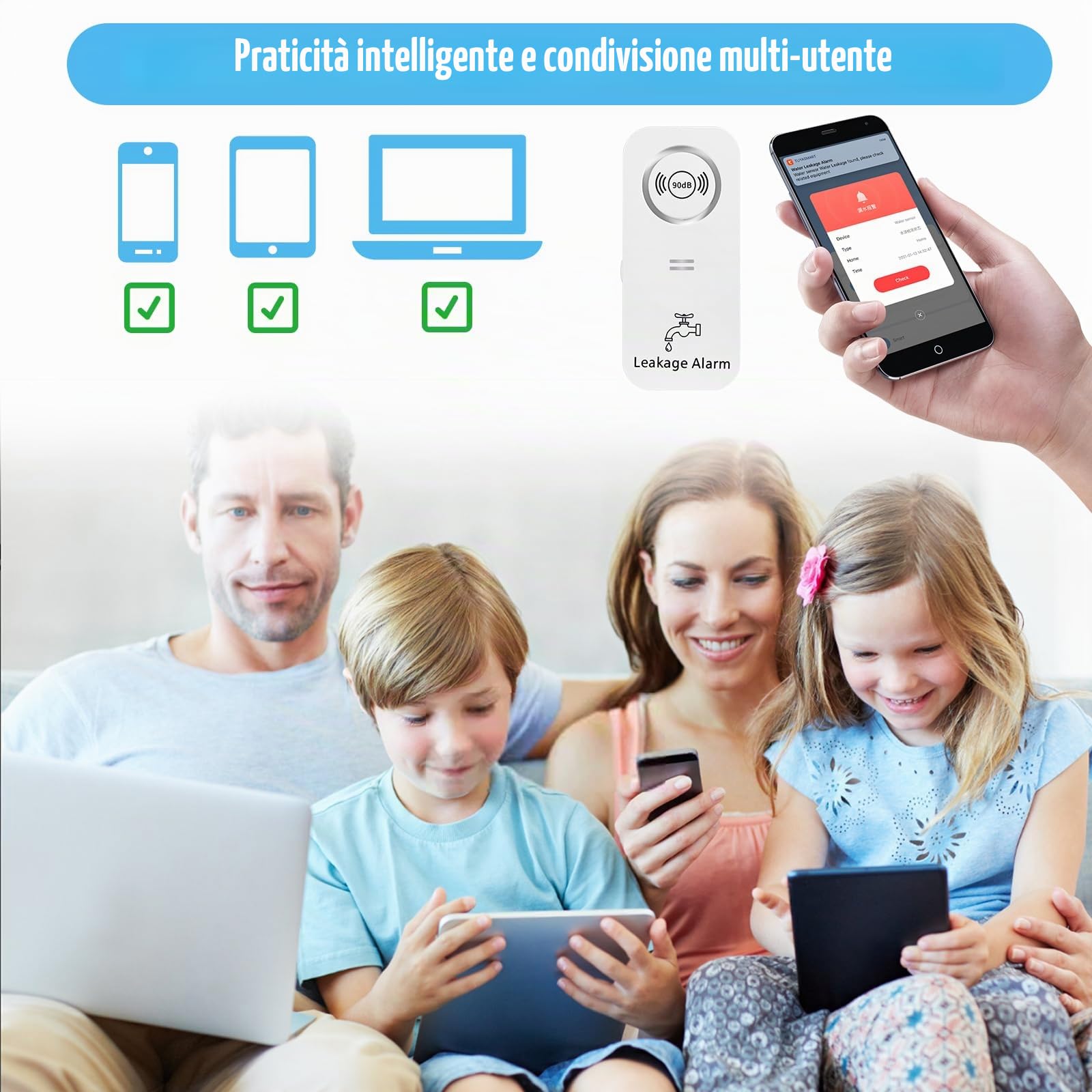 Wassermelder WLAN(2,4 G WiFi), 90 dB Wassersensor Alarm und App Alarm, kabelloser Wasseralarm, WiFi Wassermelder Wasseralarm für Rohre, Schlafzimmer, Küche, Badezimmer, Keller (5er-Pack)