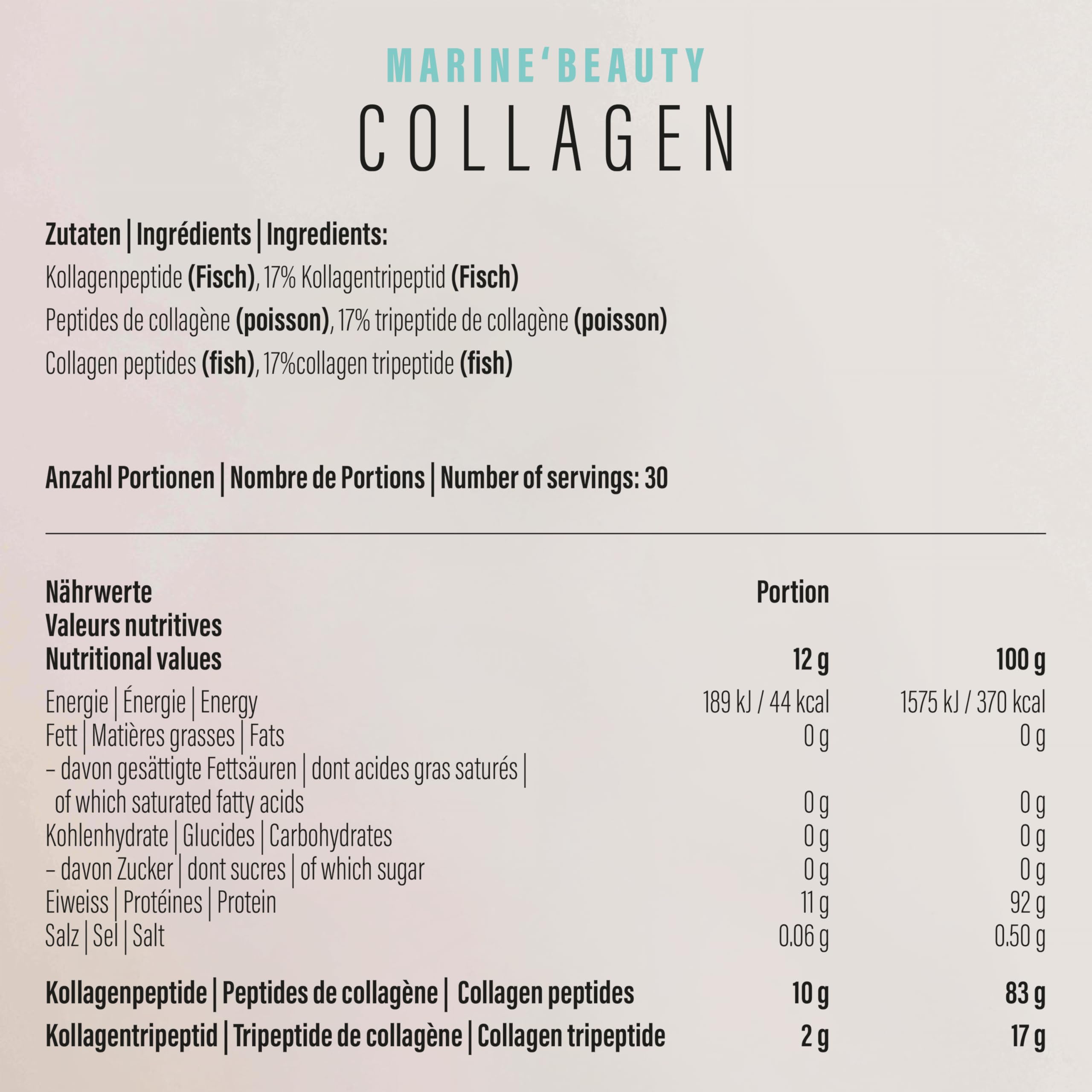 Marine'Beauty Collagen Pulver - 360g I Tripeptid-Kollagen Pulver - Made in Switzerland I 100% reines Meereskollagen aus Kollagenhydrolysat (Fisch) ohne Zusatzstoffe & Nachgeschmack
