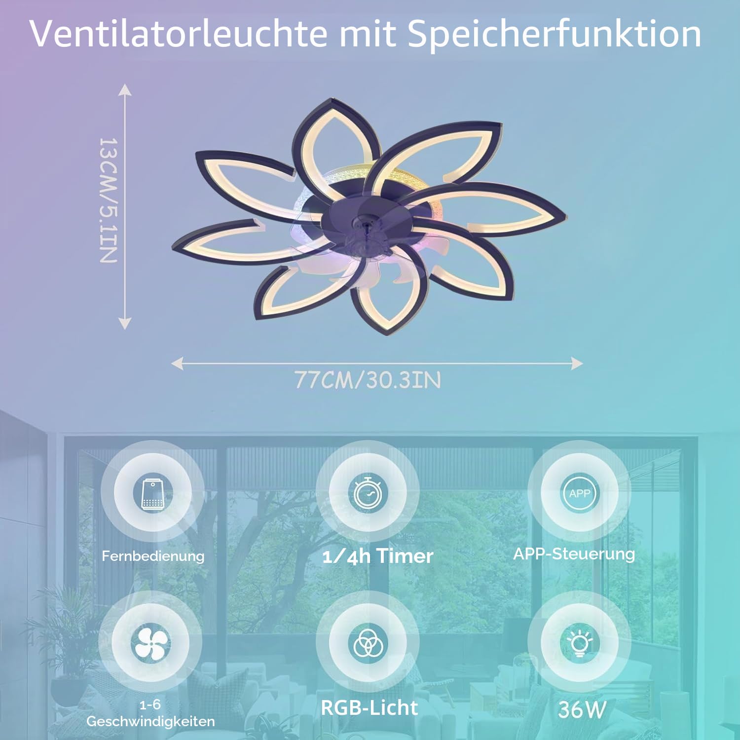 RGB Deckenventilator Mit Beleuchtung Mit Fernbedienung APP Kind Schlafzimmer Lampe Mit Ventilator Reversibel 6-Gang Dimmbar Deckenlampe Mit Ventilator Speicherfunktion Leise Timing Geschenk