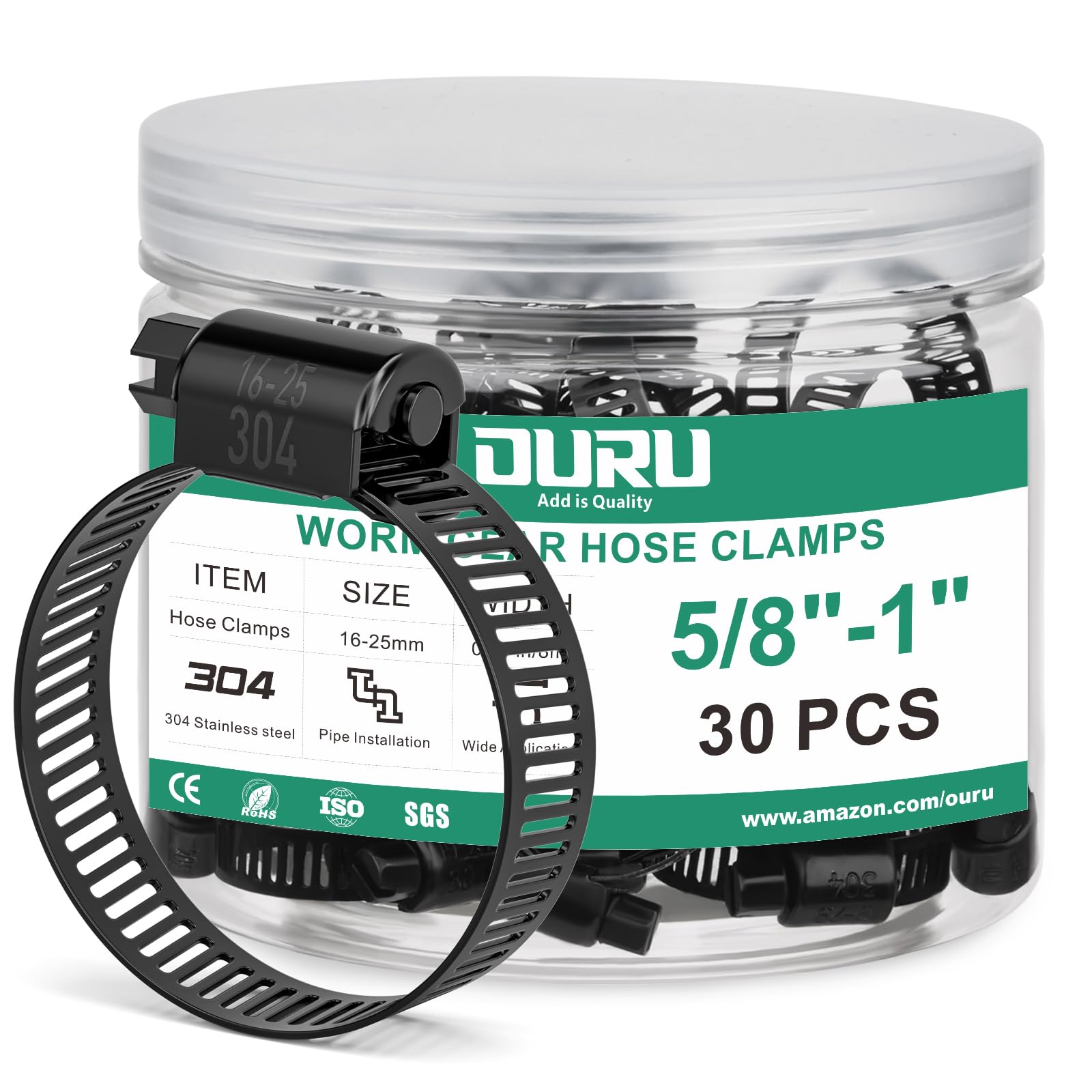 OURU 30PCS 5/8"–1" Black Hose Clamp,Adjustable 16-25mm Small Hose Clamps Stainless Steel,Metal Worm Gear Hose Clamps for Automotive,Plumbing,