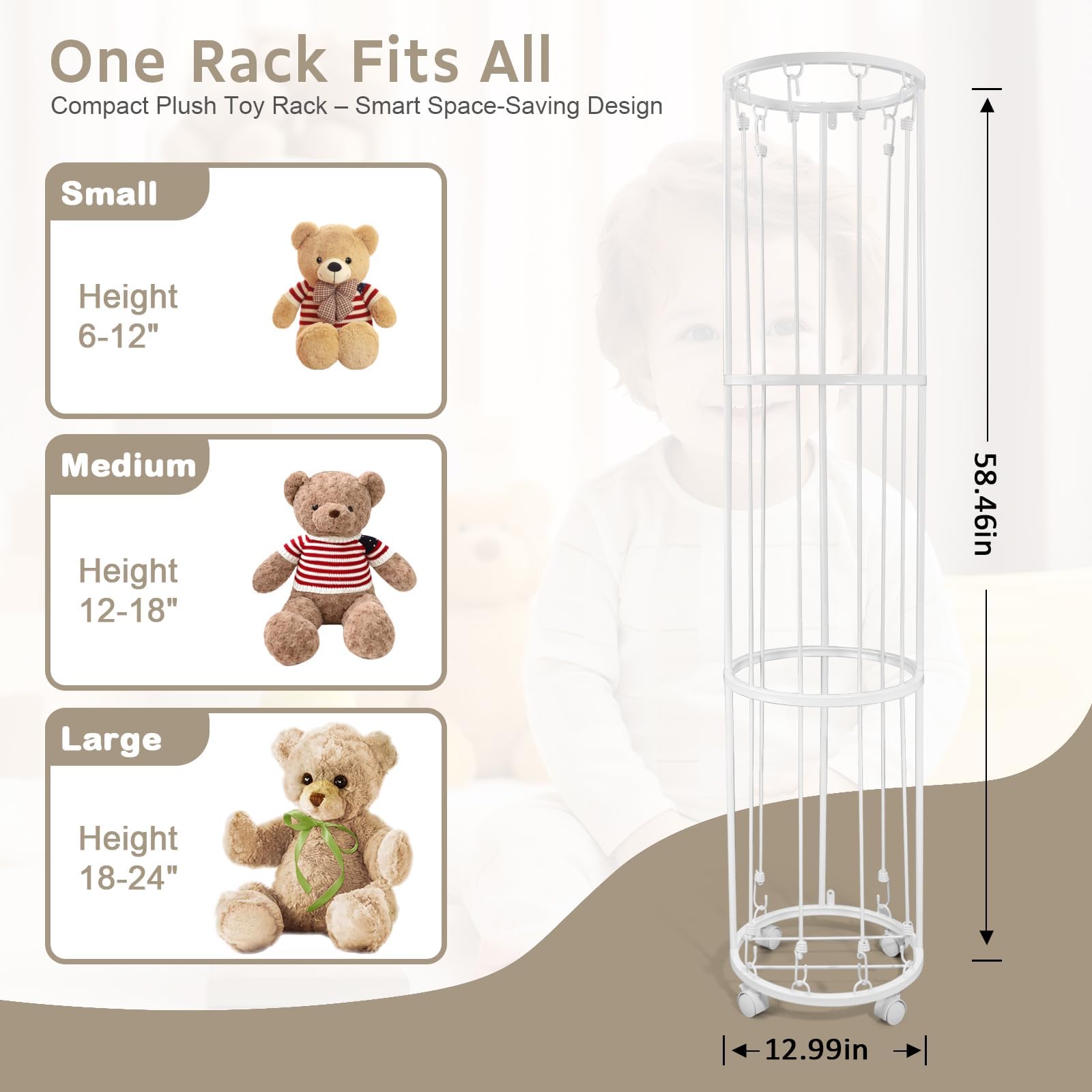 BENCHRY Stuffed Animal Storage Zoo Plushies Toy Storage Organizer, Metal Tube Stuffed Animal Holder with Brake Wheels, Space Saving Plush Toy Holder for Playroom Bedroom Nursery (White)