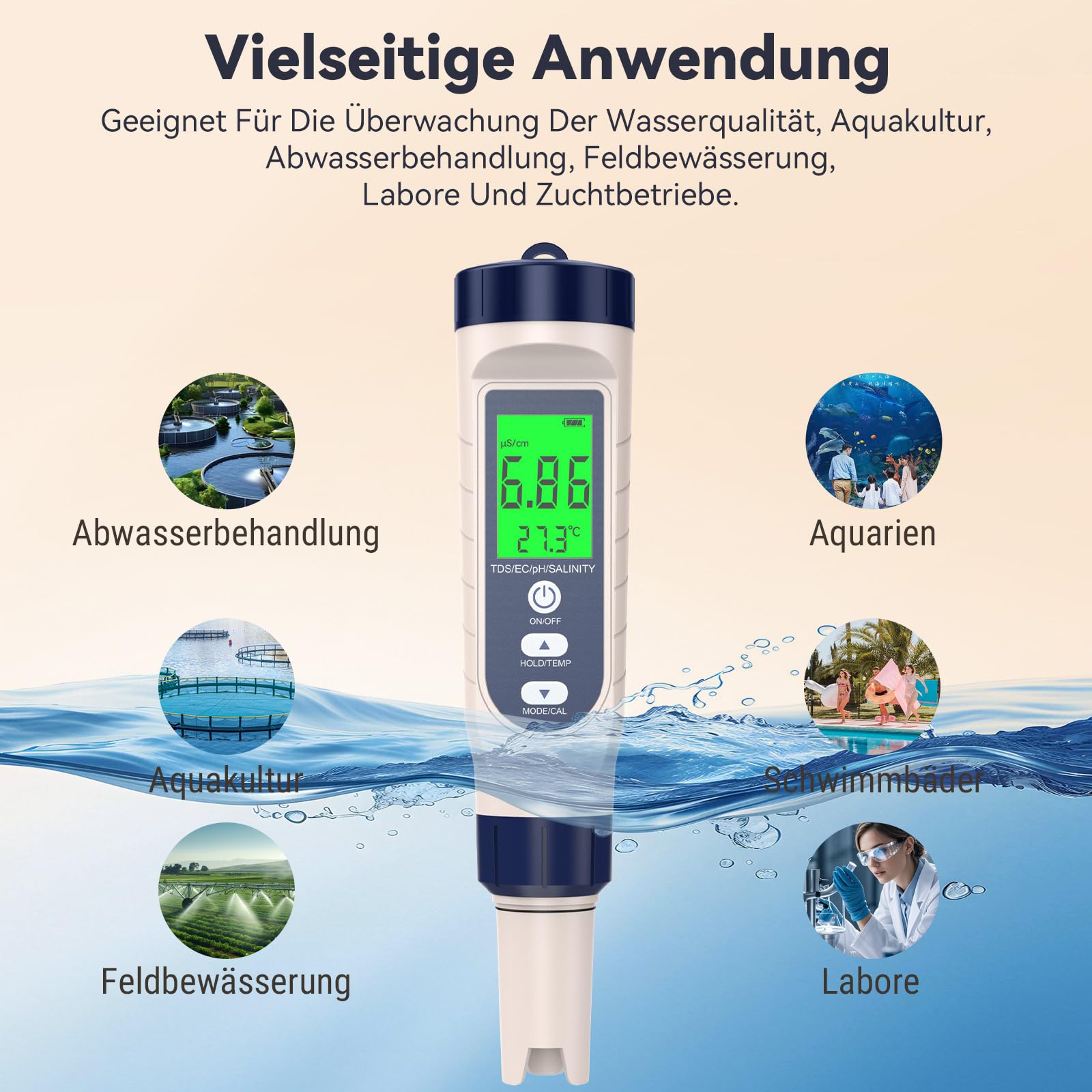 PH Messgerät Hochpräzision (± 0.01), 5 in 1 PH/TDS/EC/Salzgehalt/Thermometer, pH Wert Messgerät Pool mit Blau Hinterleuchtetem LCD-Display & Automatischer Temperaturkompensation