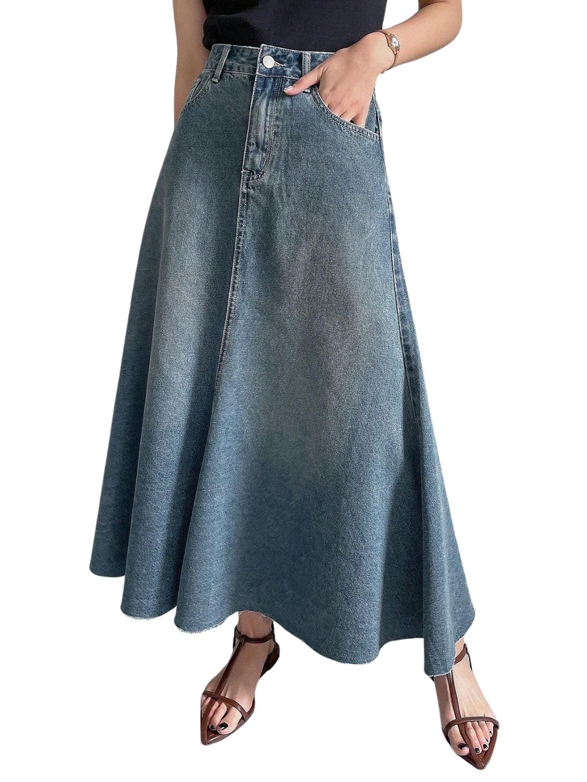 greciilooks Women's High Waist Denim Skirt with Front Slit – Long Maxi Jean Skirt's Casual Fashion – Stylish Denim Skirts for Women-picture-32