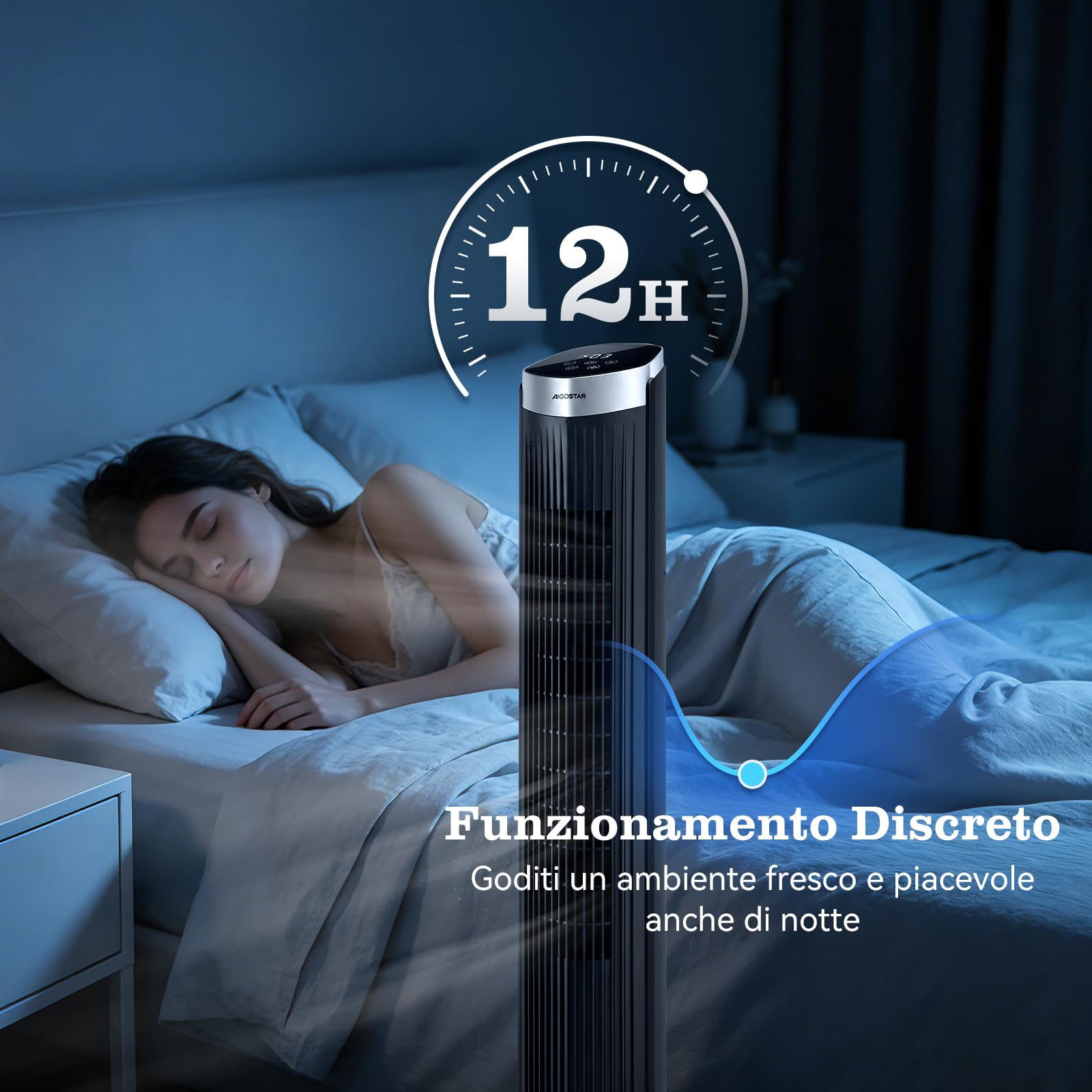 Aigostar Ventilatore a Torre Silenzioso con Telecomando e Timer 12H, 3 Modalità (Normale/Naturale/Sleep), 3 Velocità Regolabili, Oscillazione, LED Display, 28 dB, Portata Aria 1752m³/h, Nero *2