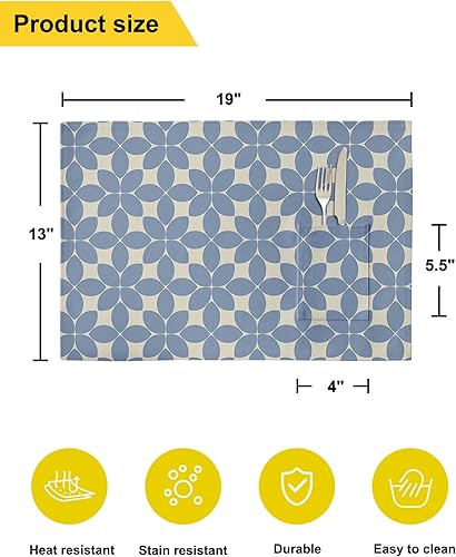 Miniatura 6 de Juego de 6 manteles individuales geométricos azules para mesa de comedor, manteles individuales de lino de algodón con bolsillo, tapete de arpillera