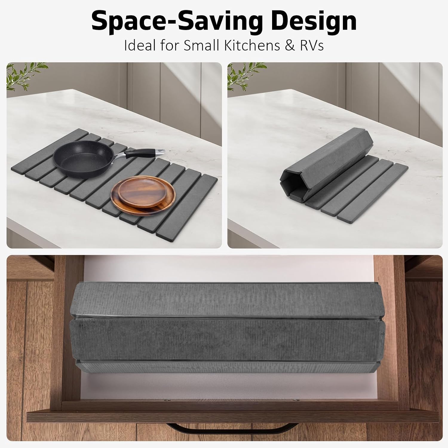 Condition photo showing New/Like New for large stone dish drying mat for kitchen counter – 24"(l)×16 "(w) foldable super absorbent diatomaceous earth dish drying mat, kitchen counter mats for dishes, cups, match any countertop - gray gray 24" x 16"
