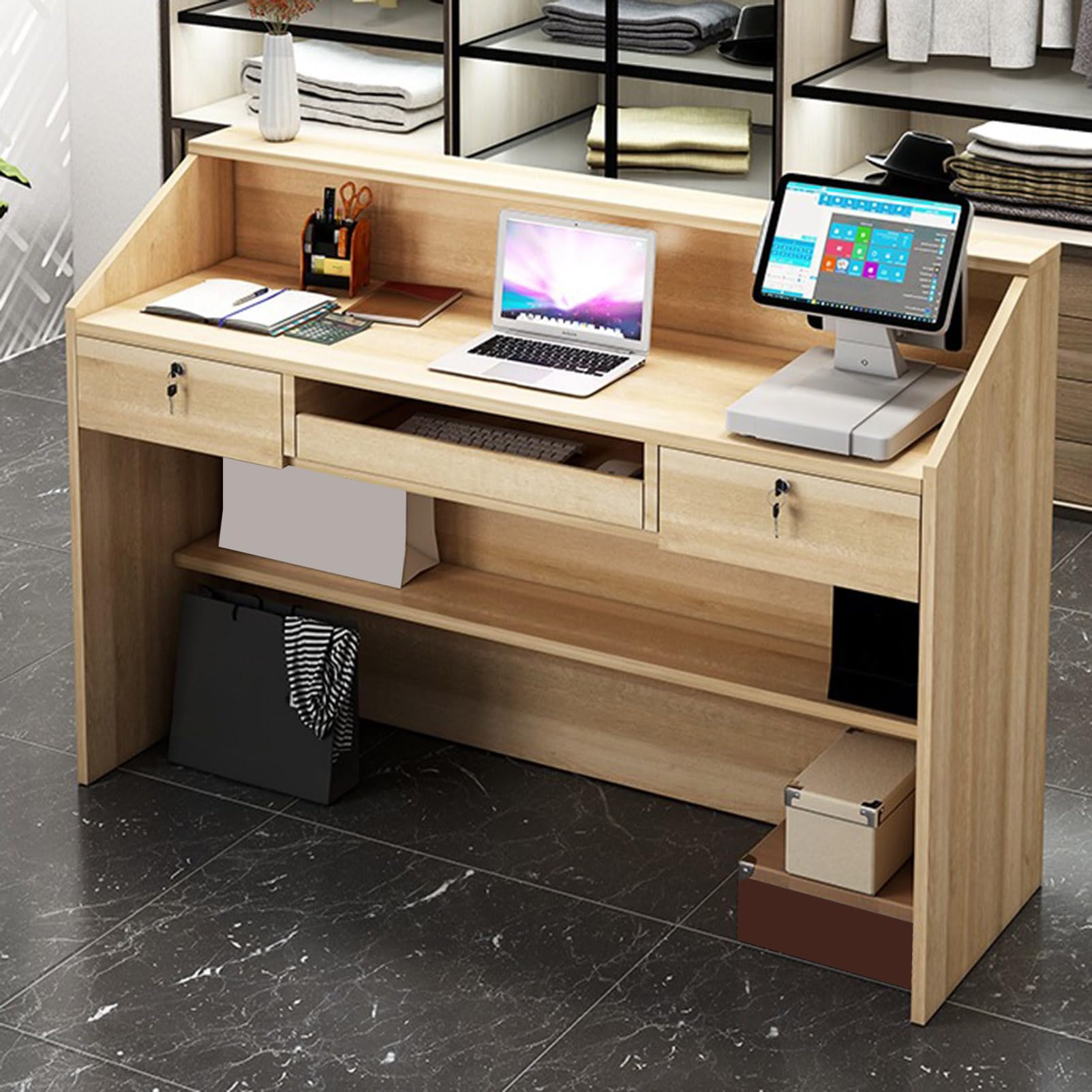 Moderno banco reception con cassetti chiudibili a chiave, in legno, compatto, per negozi, uffici, saloni e hall dell'hotel, elegante postazione di lavoro di benvenuto per negozi di abbigliamento