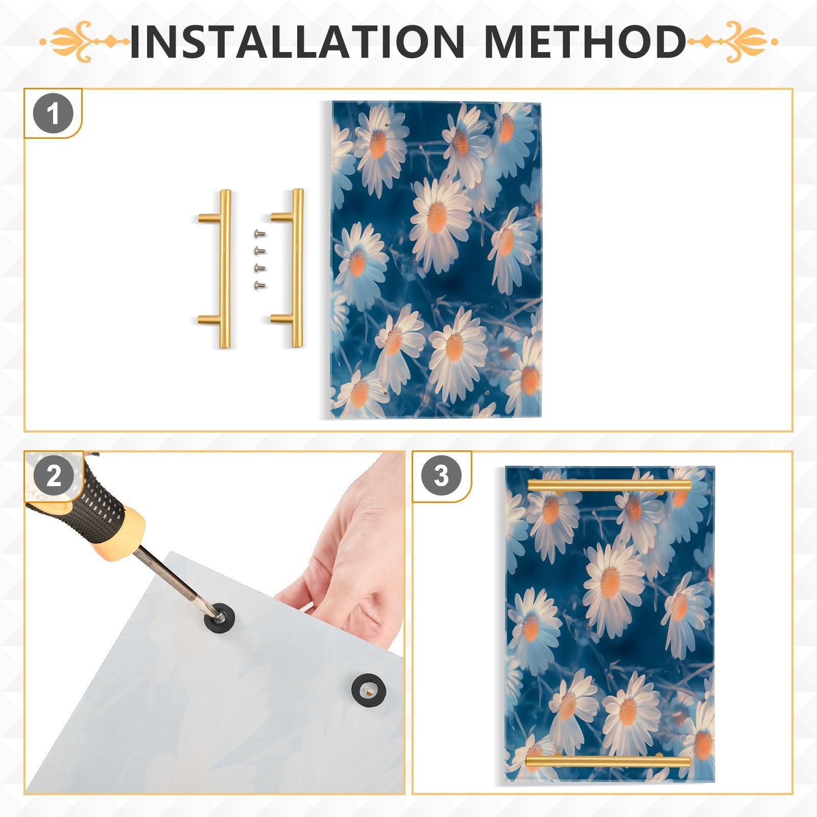 Wassud Bathroom Vanity Tray with Handles Elegant Daisies Acrylic Jewelry Perfume Organizer for Bathroom Kitchen Counter 11.81