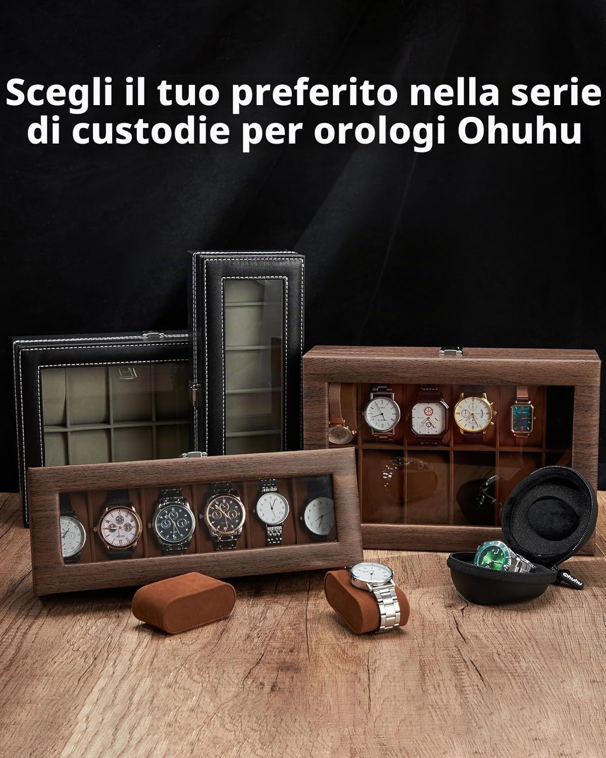 Ohuhu Scatola porta Orologi a 12 Scomparti, Custodia Orologi con Coperchio in Vetro e Cuscinetti Rimovibili in Velluto, Porta Orologi per Uomo e Donna, Regalo per il Compleanno di San Valentino