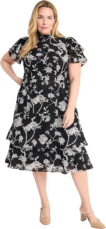 Maggy London Women's Women's Elegant Midi Dress - Ruffled Sleeves - High Neck - Tiered Skirt - Versatile Cocktail Dress