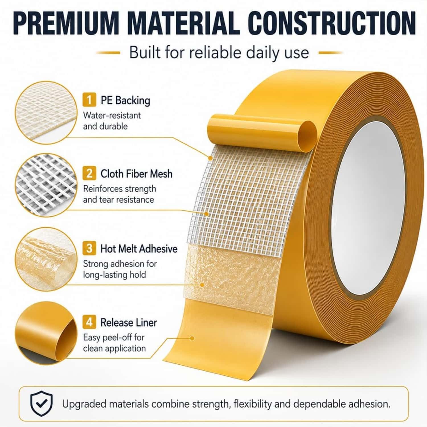 Cinta de doble cara resistente e impermeable, cinta de malla de doble cara de alta resistencia, adhesivo fuerte, impermeable y removible, sin residuos (3PCS,2")