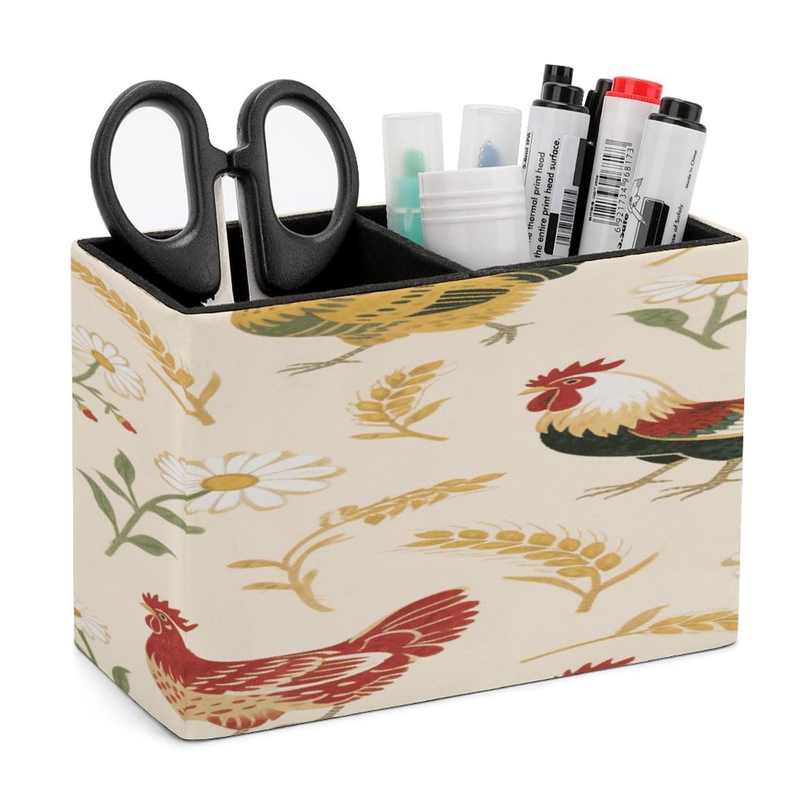 VstaDank Chicken And Rooster Print Pencil Holder for Desk Organizer 2 Compartments Pen Cup Leather Square Pen Holder Pencil Cup Stand Makeup Brush Holders for Desktop Organizer Storage Case