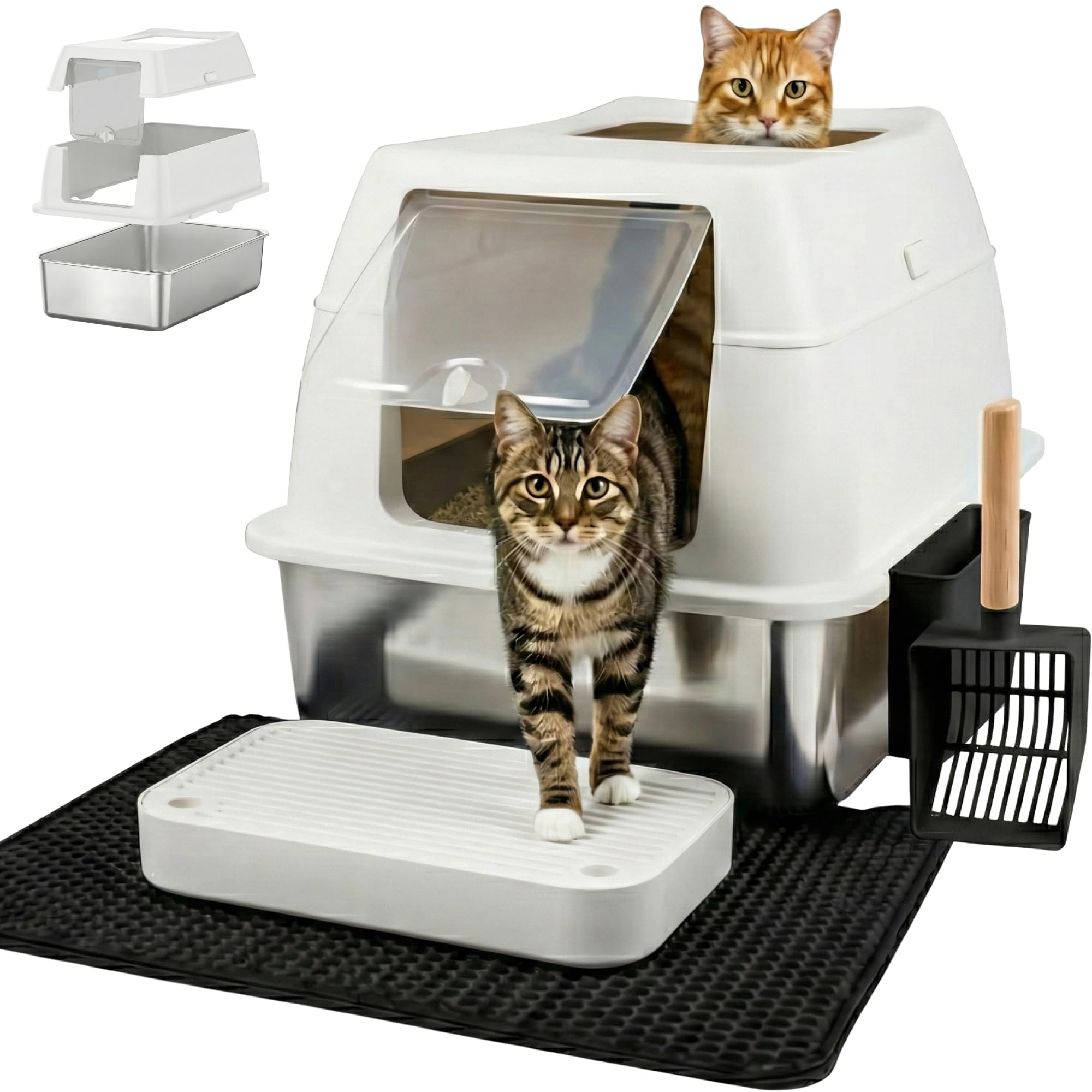 Stainless Steel Cat Litter Tray - Easy to clean - Non Stick Surface - Stainless Steel Litter Box - 38L Capacity - Odor Free Metal Litter Tray - With Scoop & Litter Mat - 23.6"× 15.7"×15.9" - Beige