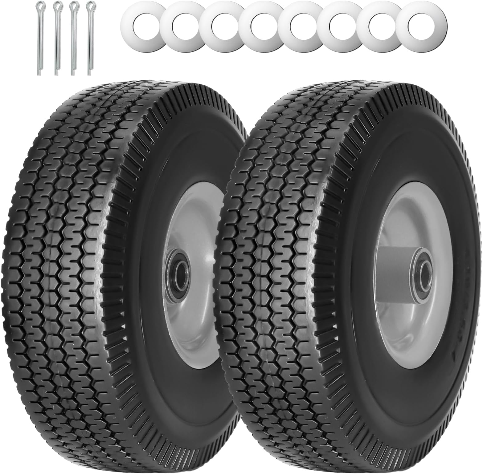 SIMEIQI 2Pack 10 x 4.10/3.50-4" Solid PU Run-Flat Tire Wheel with 5/8"Axle Bore Hole 2.24" Offset Hub Double-Sealed Ball Bearings for Wagons Wheelbarrows Hand Trucks