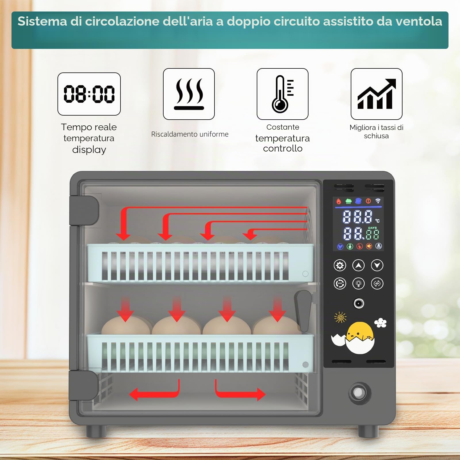Macchina incubatrice completamente automatica, 24 uova con paletta automatica e controllo della temperatura, doppio alimentatore, incubatrice incubatrice per polli, quaglie, anatre (A)