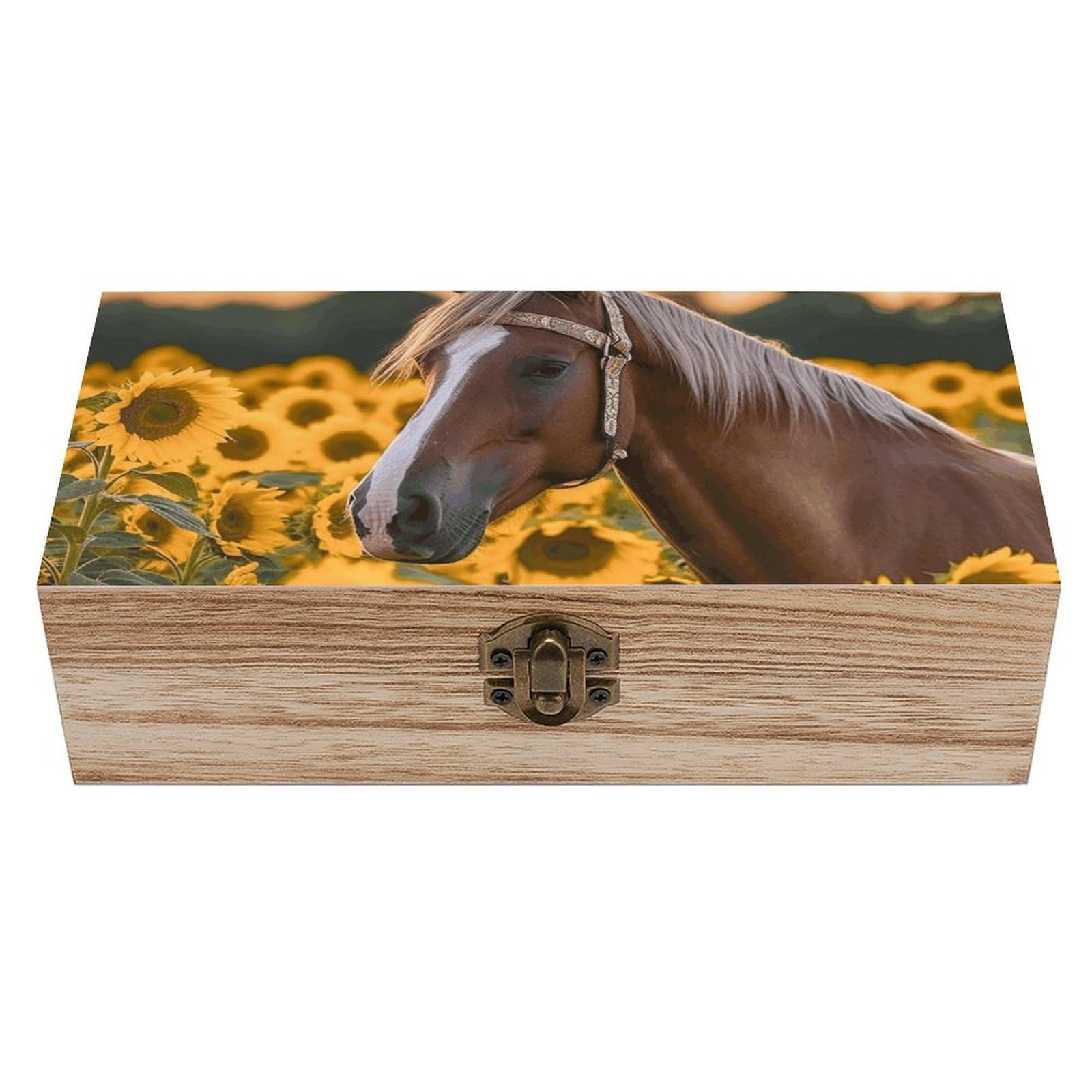 Wooden Storage Box Yellow Sunflower Horse Wood Gift Box with Hinged Lid Vintage Decorative Jewelry Boxes Memory Box for Jewelry Art Hobbies Home Storage Treasure Keepsake Gift 7.9''x3.9''x2.3''