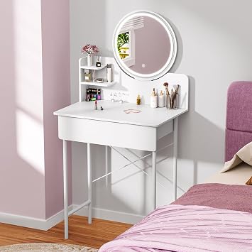 Dressing Table with Mirror, Vanity Desk with LED Lights and Adjustable Brightness, Vanity Table with 1 Drawer and 2 Opening Shelves, Makeup Desk for Bedroom, White