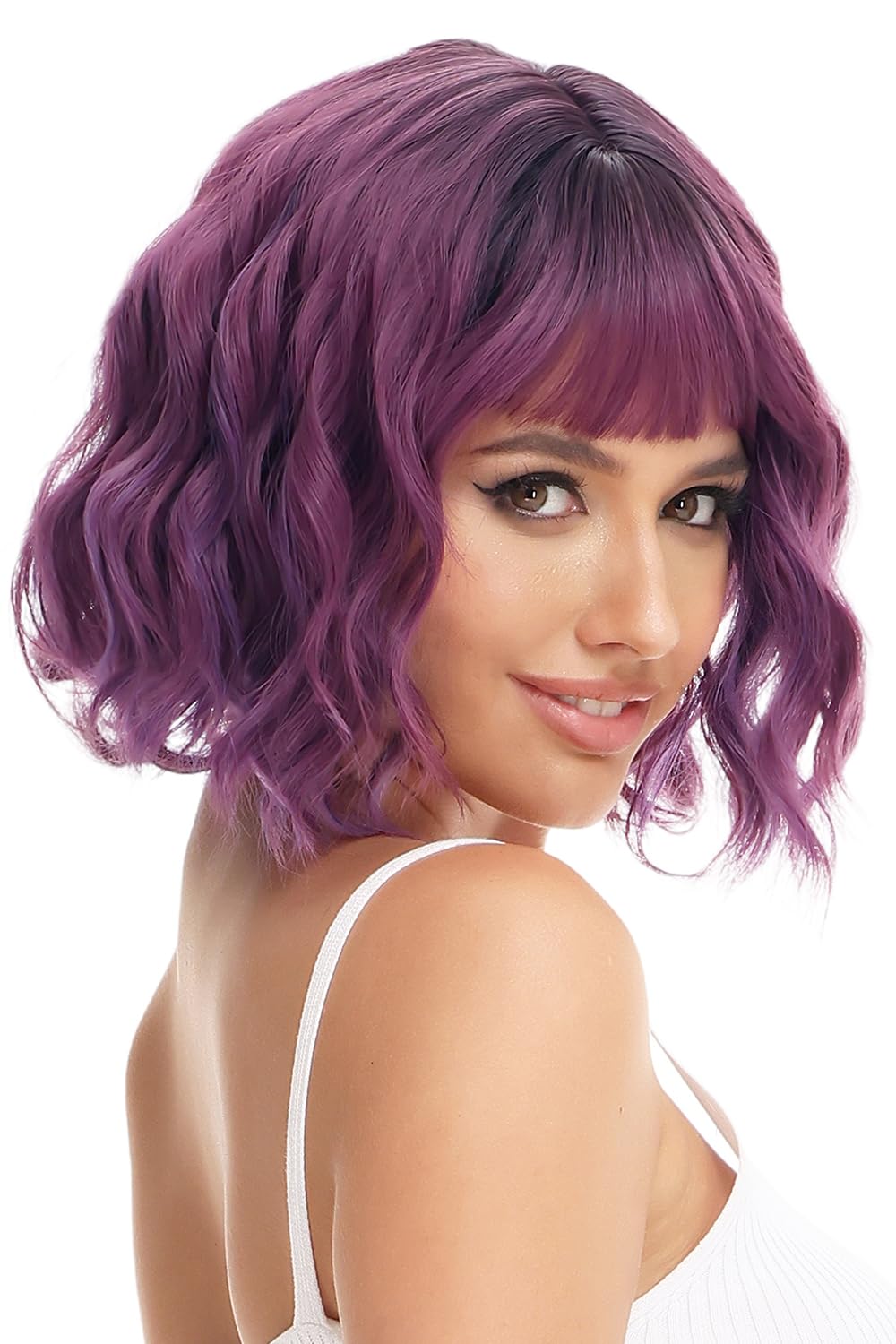Yamel Wavy Bob Wig with Bangs Ombre Purple Wig Synthetic Hair Shoulder Length Short Curly Wigs for Women 12 Inches - Image 2