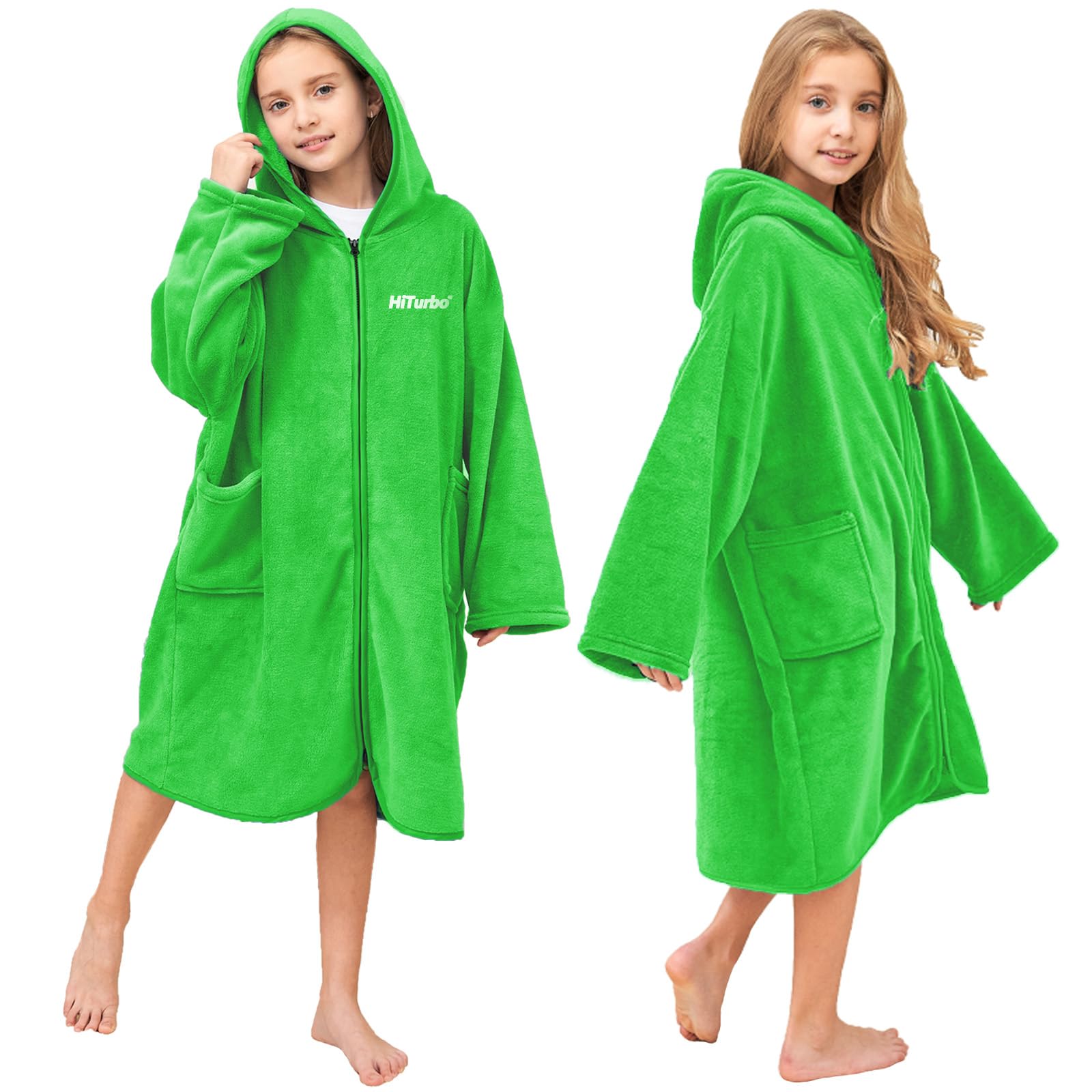 Kids Bath Towel Hoodie: Soft Plush Zipper Surf Poncho - Warm Fleece Changing Towels Swimming Outerwear (Green)