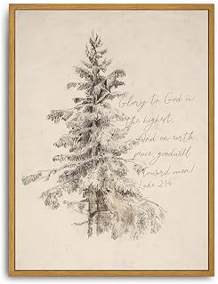 Roslynity Framed Canvas Wall Art Vintage Print Christmas Tree Scripture Paintings Peace On Earth Luke 2:14 Winter Pine Christian Bible Verse Retro for Home Living Room Bedroom Decor (12"x16")