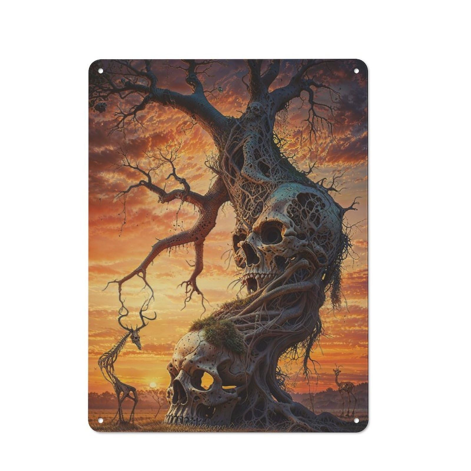 Junmoney Unearthly Dual Skull Tree Retro Tin Wall Plaque 40X30cm Featuring For Pub Or Café, New-Space Wall Decor For Pub Decor Enthusiasts