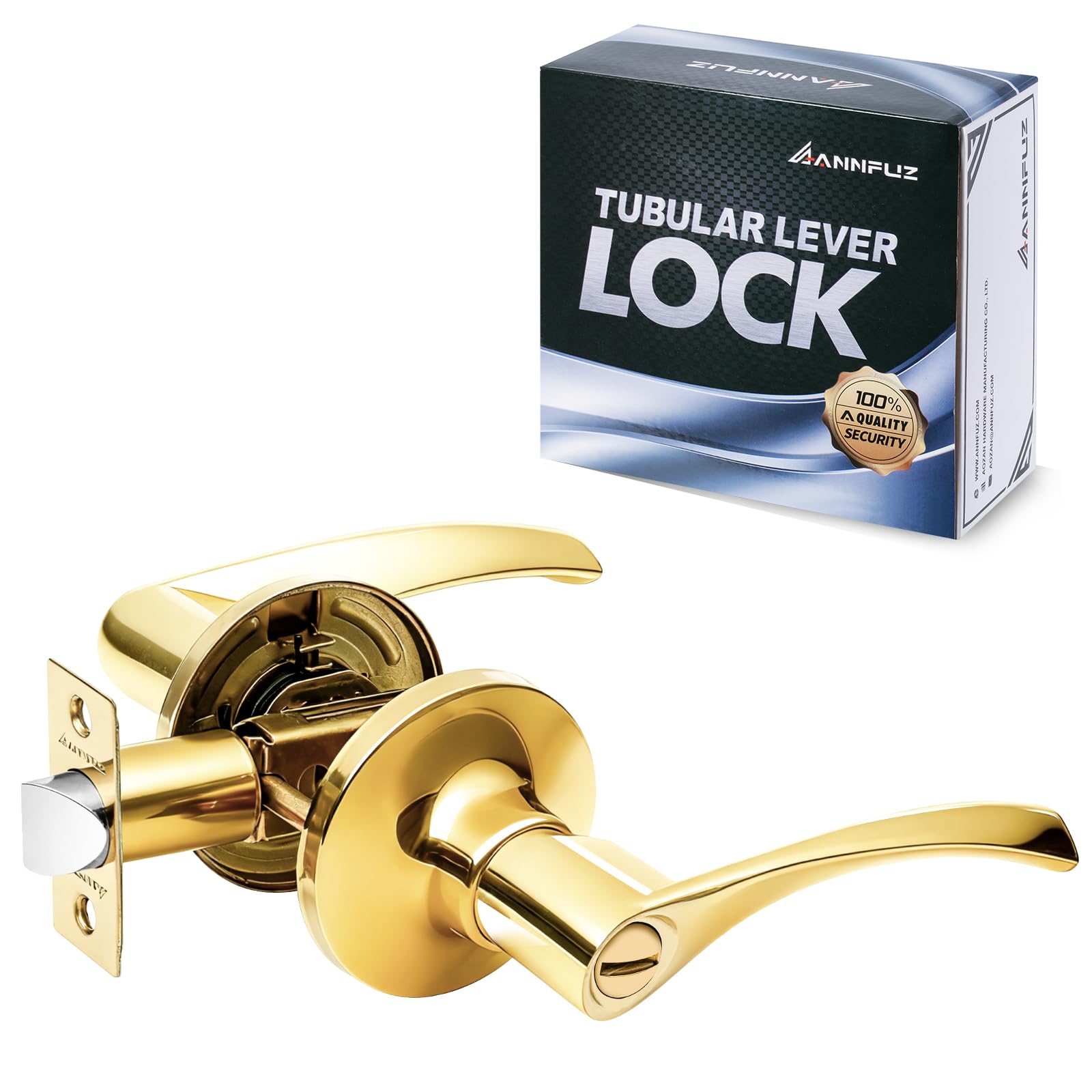 ANNFUZ Gold Privacy Keyless Door Handle Lock Without Key,Interior Door Lever,Door Home Lever Hardware,Reversible for Left or Right Side,Perfert for Indoor Bedroom/Bathroom/Room(Privacy, Gold)